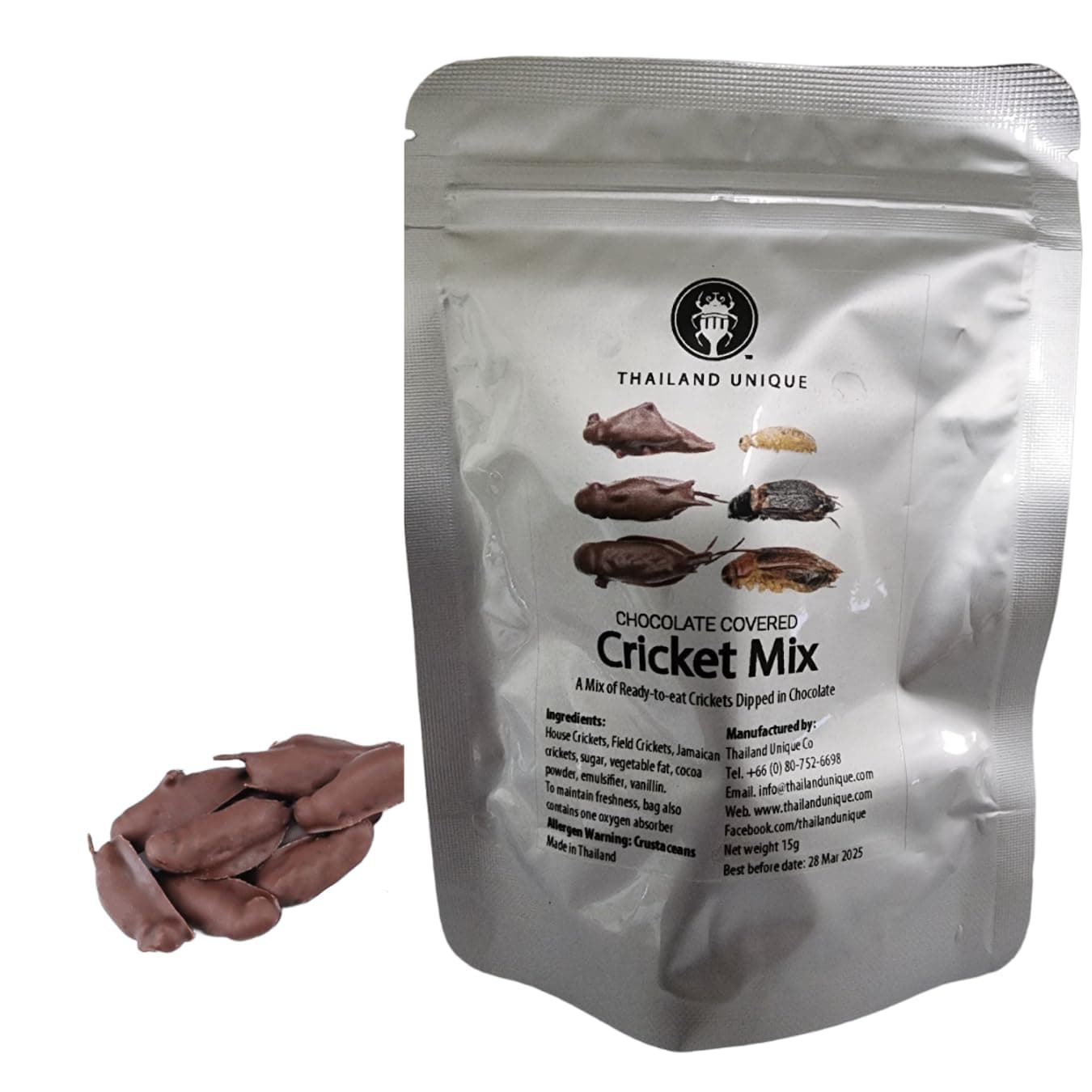 Thailand Unique Chocolate Covered Crickets - 15 Gram Bag of Dehydrated House, Field, and Jamaican Crickets for Humans, Nutritious Bugs Superfood Unusual, Weird Snack Gift