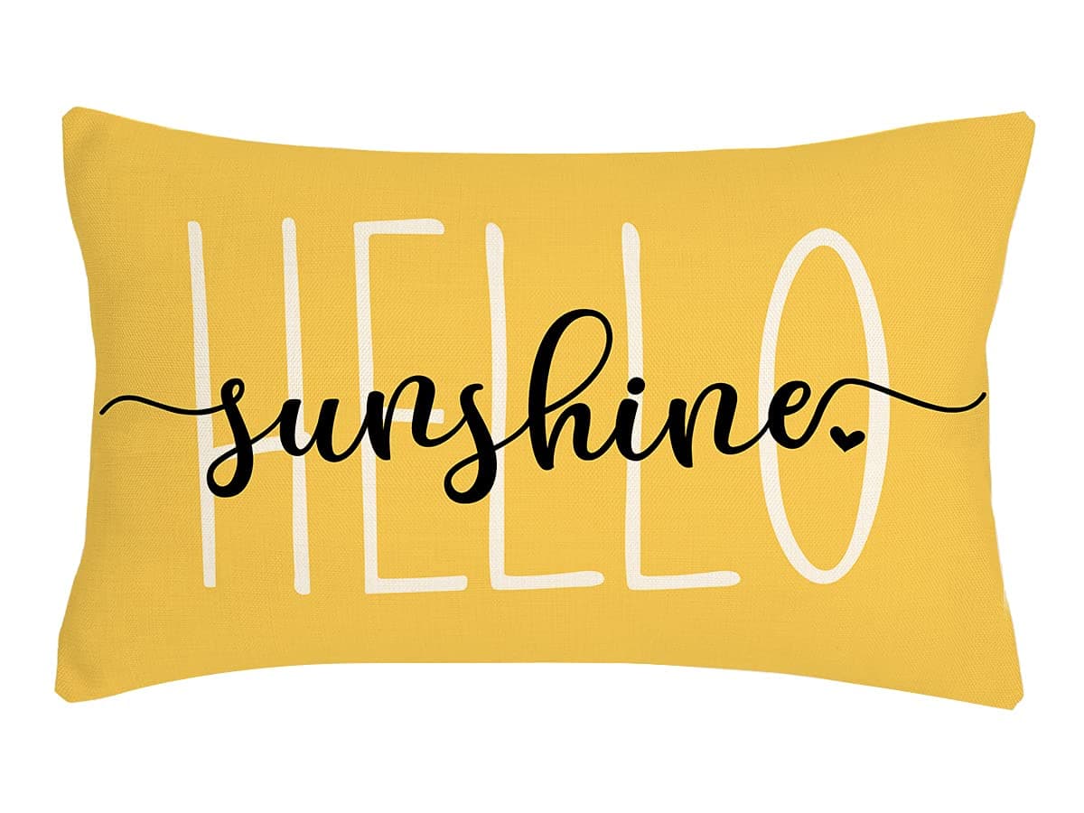 4TH Emotion Hello Sunshine Pillow Cover Farmhouse Yellow Lumbar Pillow Cover Spring Summer Decorations Cushion Case for Sofa Couch Polyester Linen 12x20 Inches
