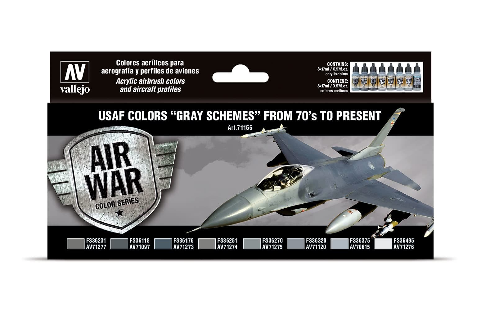 Acrylicos Vallejo VJ71156 "USAF Grey Schemes from 70'S to Present" Model Air Set, 17 ml (Pack of 8)