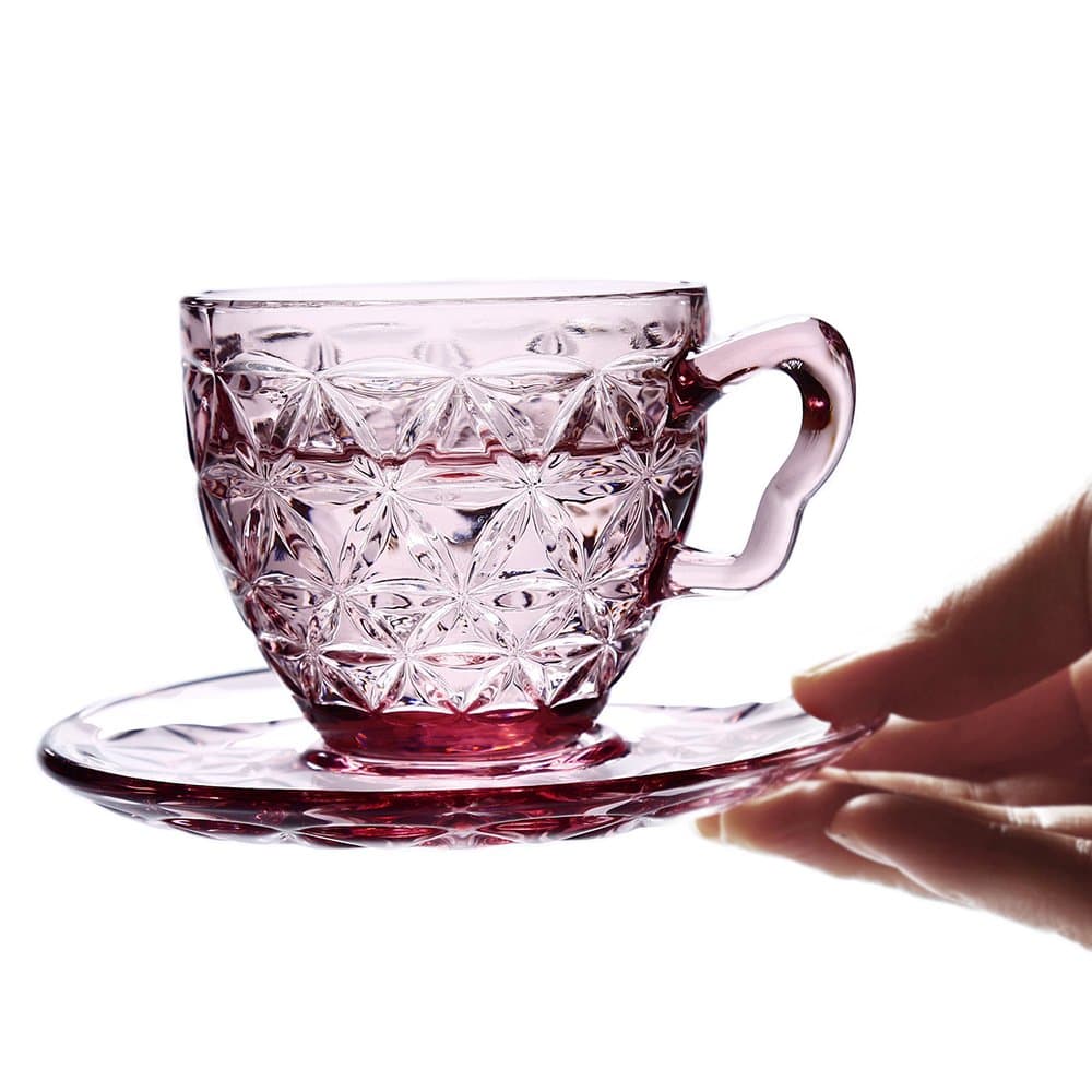 Riimax 6.7oz/200ml Old Fashioned Embossed Clear Glass Tea & Coffee Cups with Saucers Set of 6 (Red)