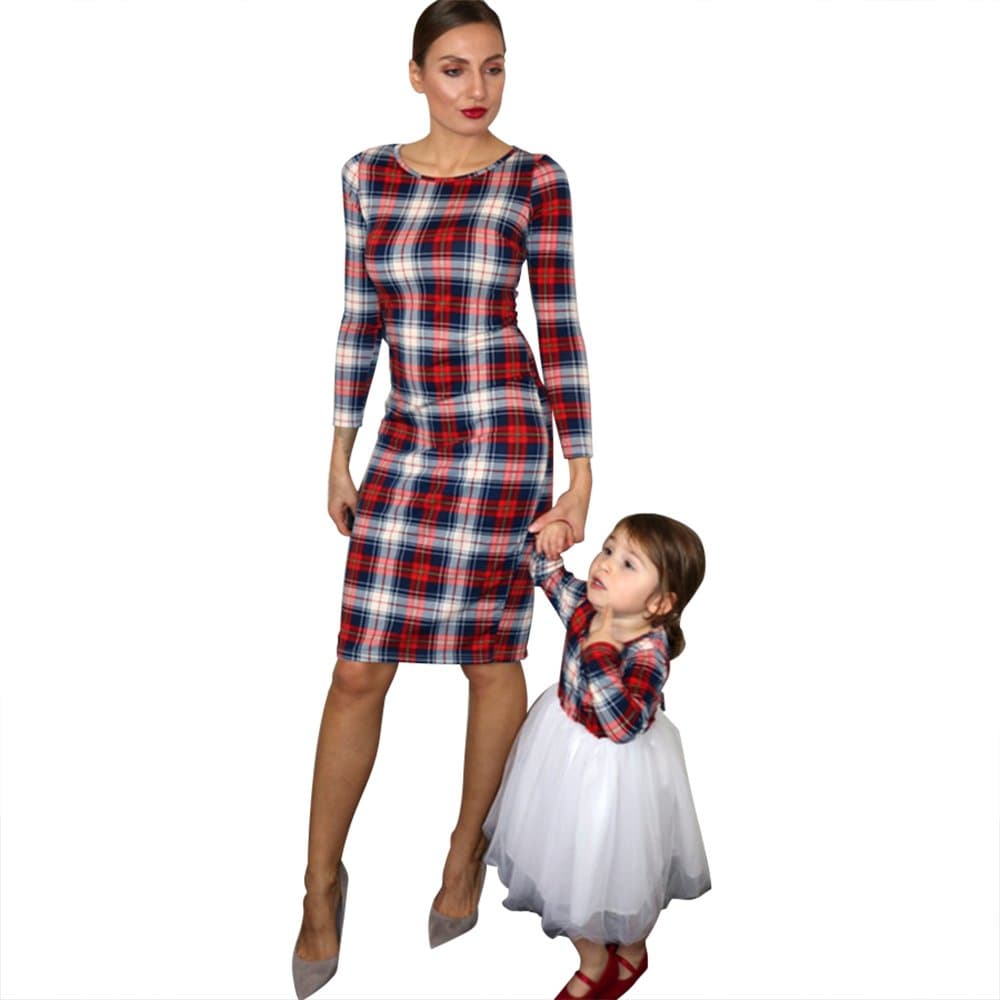 MumetazMommy and Me Plaid Christmas Dresses Long Sleeve Bodycon Midi Dress Mother Daughter Matching Outfits
