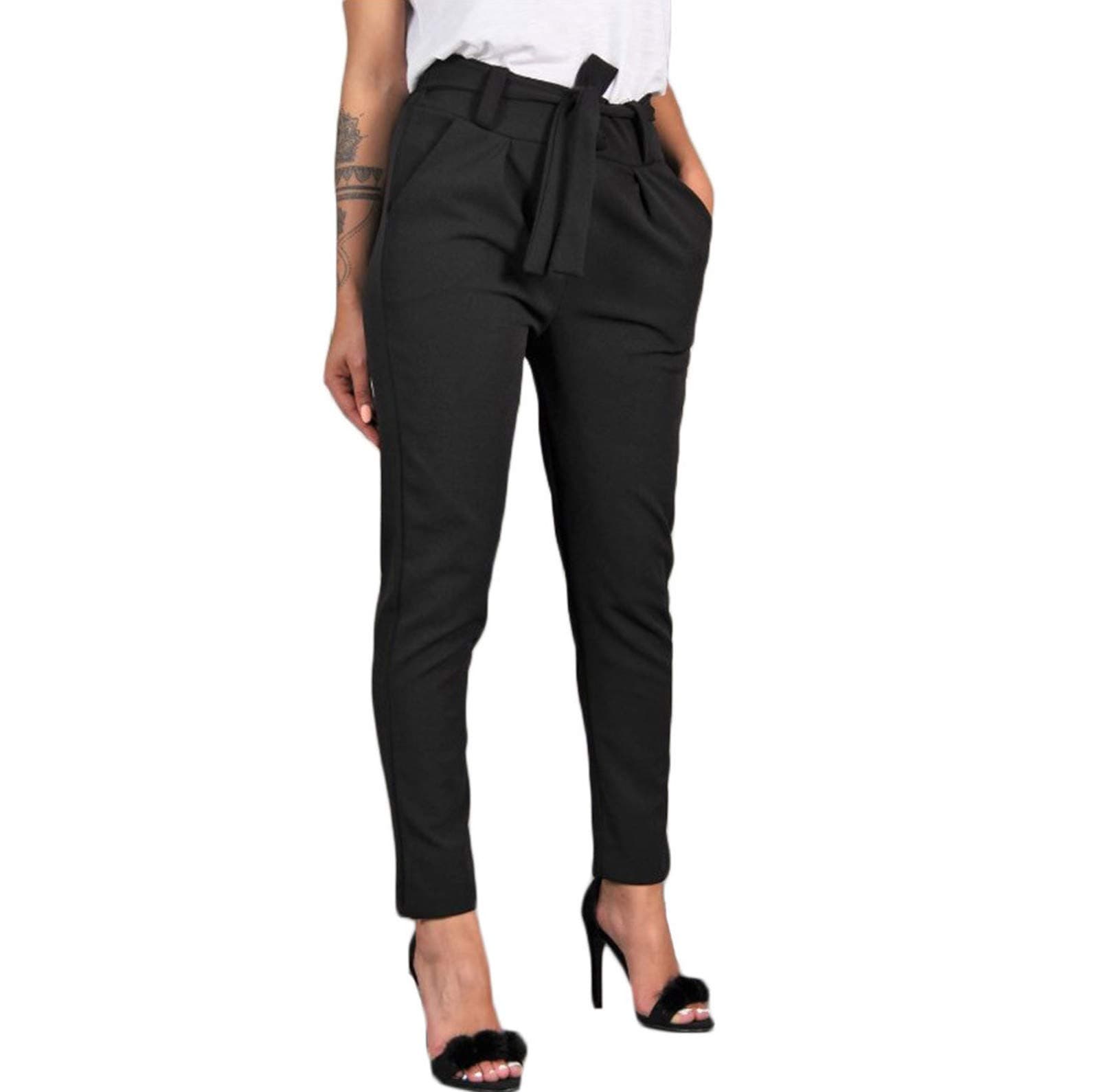 Women Bow Tie High Waist Harem Pants Casual Ladies Office Work Cropped Paper Bag Waist Pants with Pockets Elastic Waist Skinny Leggings Pencil Trousers