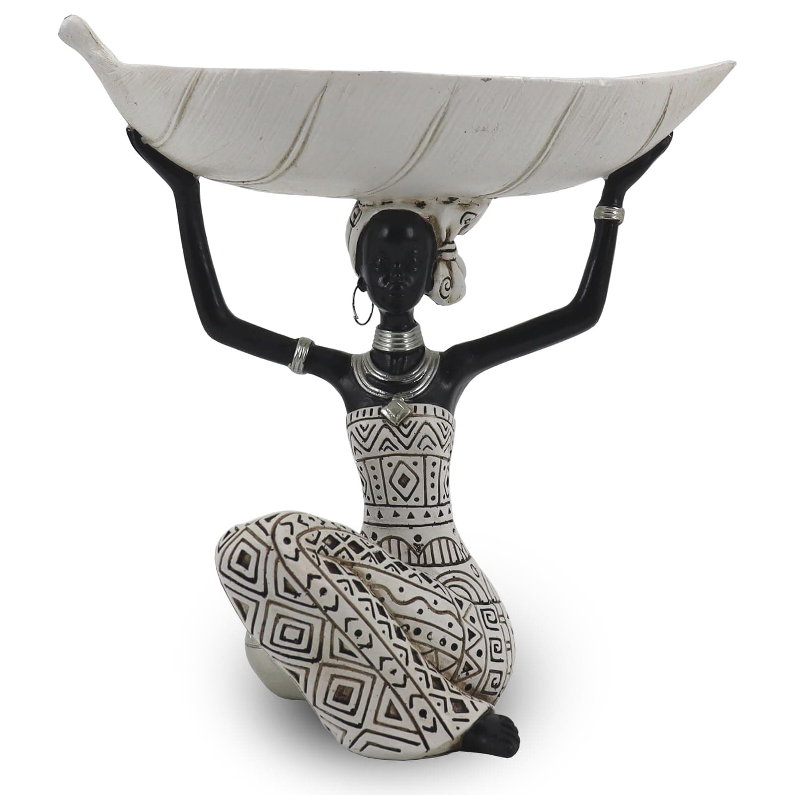 African Woman Holding White Leaf Bowl Statue, Modern Resin Figurine Sculpture, Boho Home Table Decoration for Living Room or Entryway