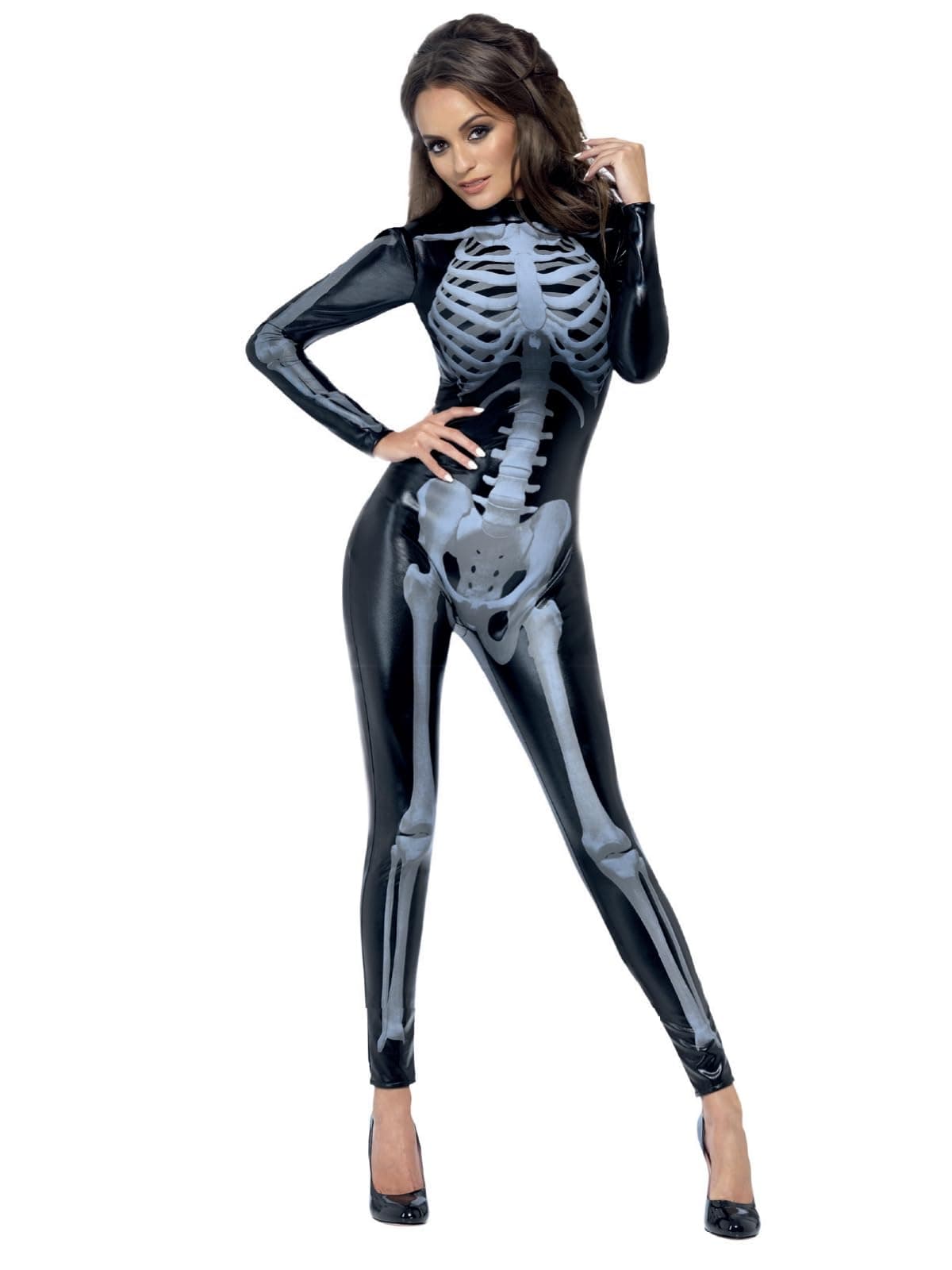 Smiffys Fever Miss Whiplash Skeleton Costume, Black with Printed Catsuit, Fever Fancy Dress, Skeleton Dress Up Costumes