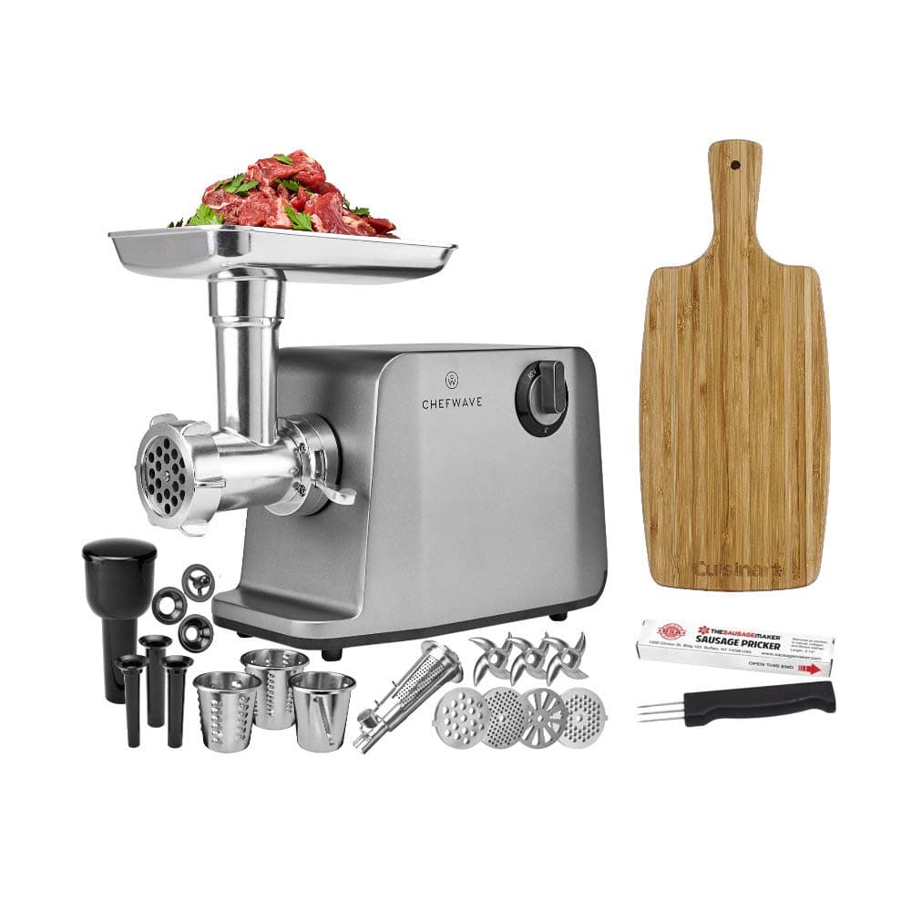 ChefWave Electric Meat Grinder - Stainless Steel Heavy Duty 1800W Max 3-Speed - 4 Grinding Plates, 3 Cutting Blades, Tomato Juicer, Sausage Stuffer Tubes + Cutting Board + Sausage Pricker