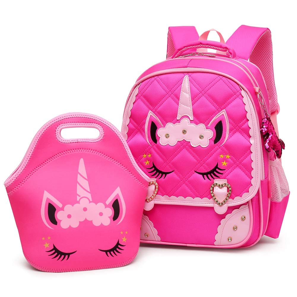Cute Unicorn Face Diamond Sequins Waterproof Princess School Backpack Set Girls Book Bag