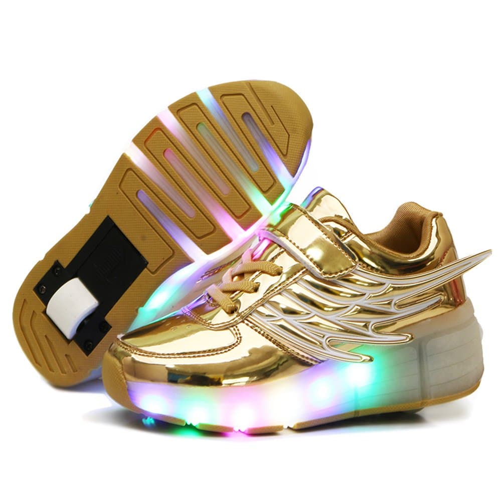 Nsasy Roller Shoes Girls Roller Skate Shoes Boys Kids LED Light up Wheel Shoes Roller Sneakers Shoes for Kids, Golden Single Wheels, Size 3.5M