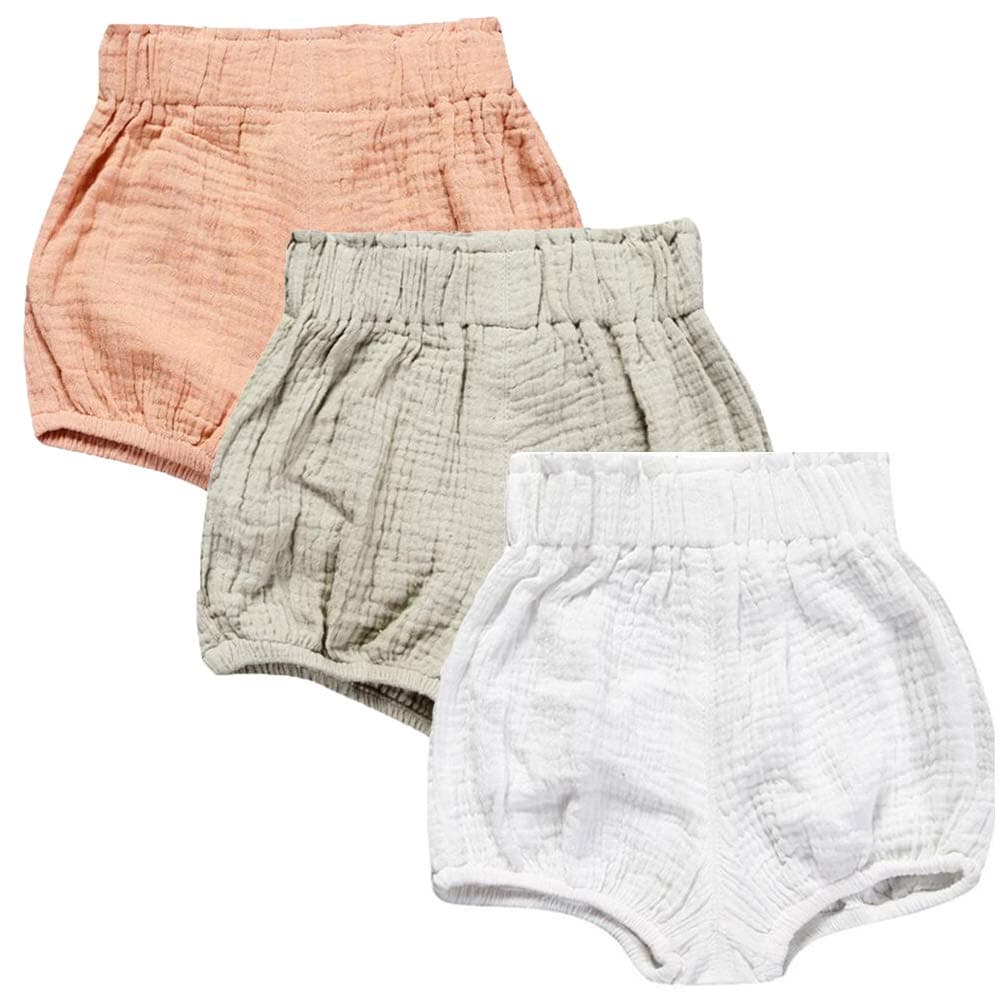 LOOLY Unisex Baby Girls Boys 3 Pack Cotton Linen Blend Bloomer Shorts