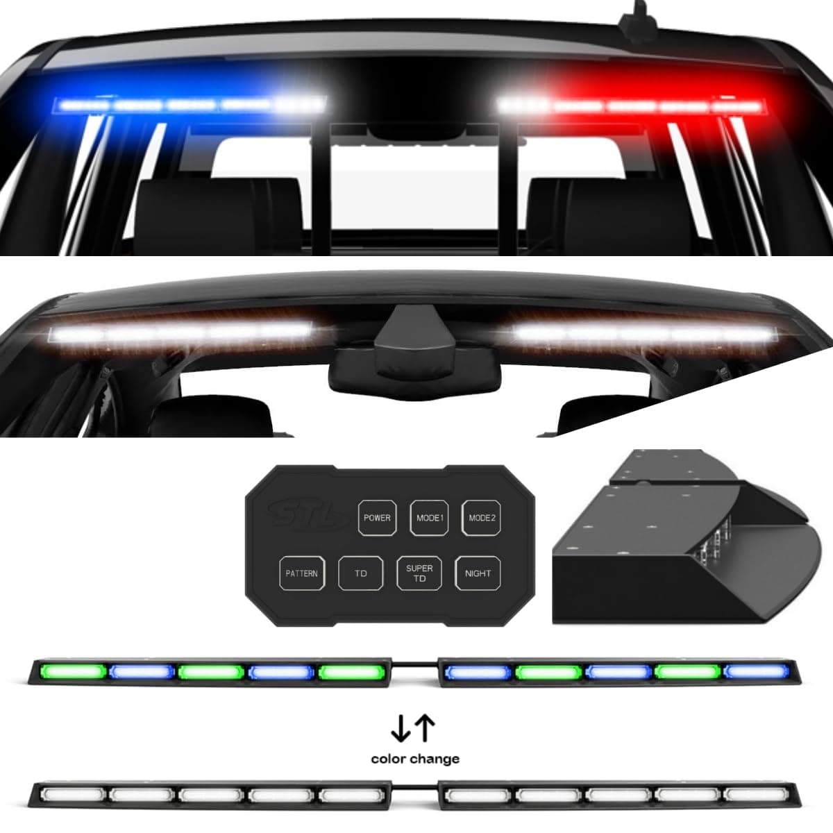 SpeedTech Lights Super Take Down Raptor TIR Upper Windshield Interior Split LED Strobe Visor Light Bar for Hazard Emergency Vehicle Warning Flashing/STD w/Control Box - Blue/Green Alternating - Clear