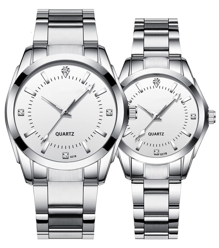 Couple Watches Fashion Silver Stainless Steel Pair Watches Men and Women Matching Quartz Wrist Watches Gifts Set of 2