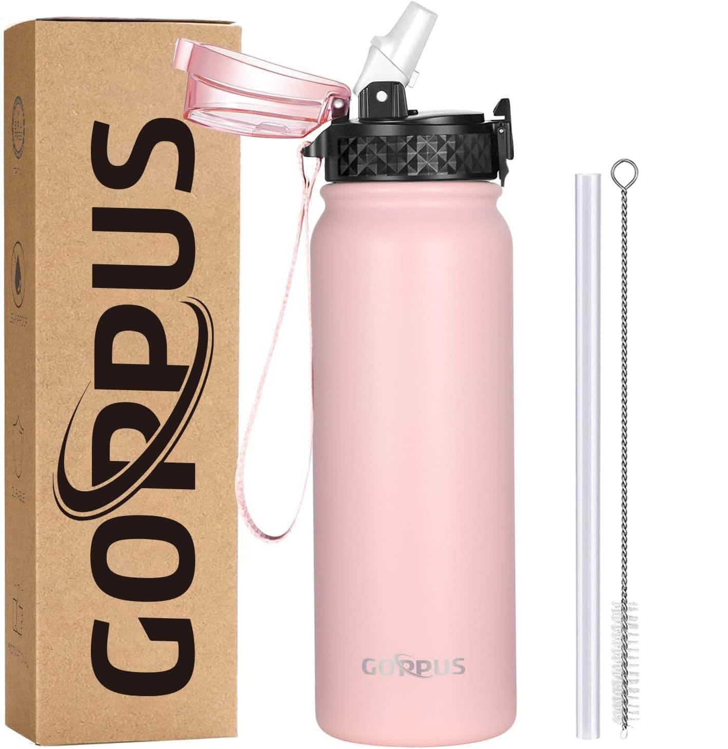 600ml/20oz Stainless Water Bottle with Straw Double Wall Insulated Bottles with Strap One Hand Open Vacuum Thermal Flask Leakproof Keep Cold Drinks Bottles with Flip Top Lid BPA Free for Adults