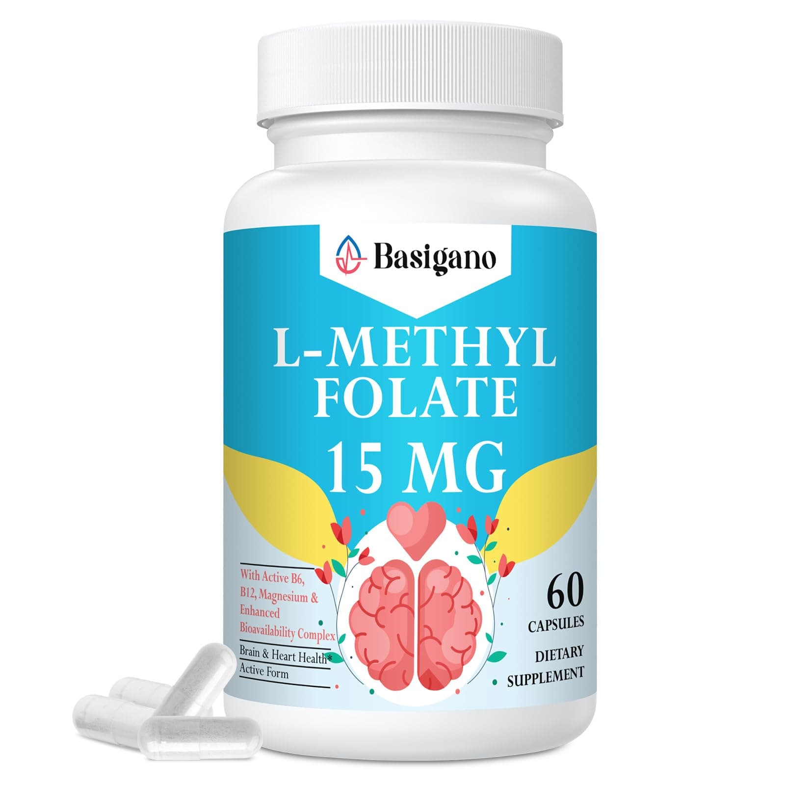 L Methylfolate 15mg (5-MTHF) - Active Folic Acid with B6 and B12 - Vegan, Gluten-Free, Dairy-Free (1 Pack)