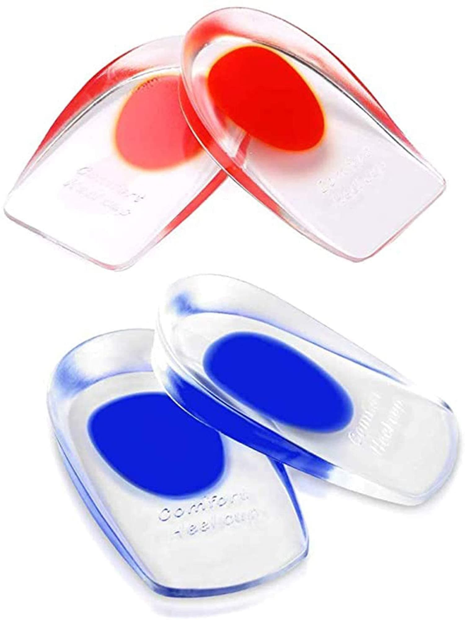 Gel Heel Cups Plantar Fasciitis Inserts - Silicone Heel Cup Pads for Bone Spurs Pain Relief Protectors of Your Sore or Bruised Feet Insole Gels Treatment (2 PCS,Red `S`,Blue 'L')