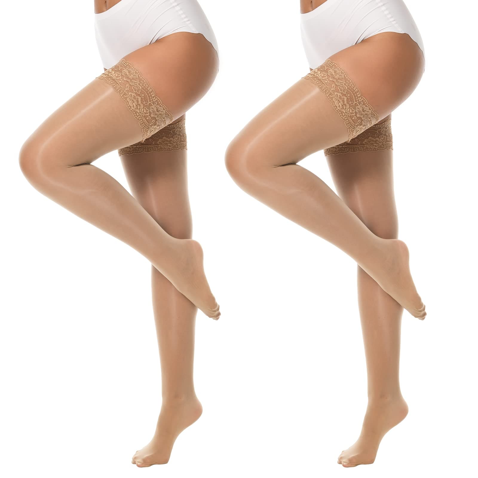 MANZI Shiny Thigh High Stockings Sexy Lace Top Stay Up Silky Sheer Stocking Shimmery Tights for Women 2 Pairs Pack