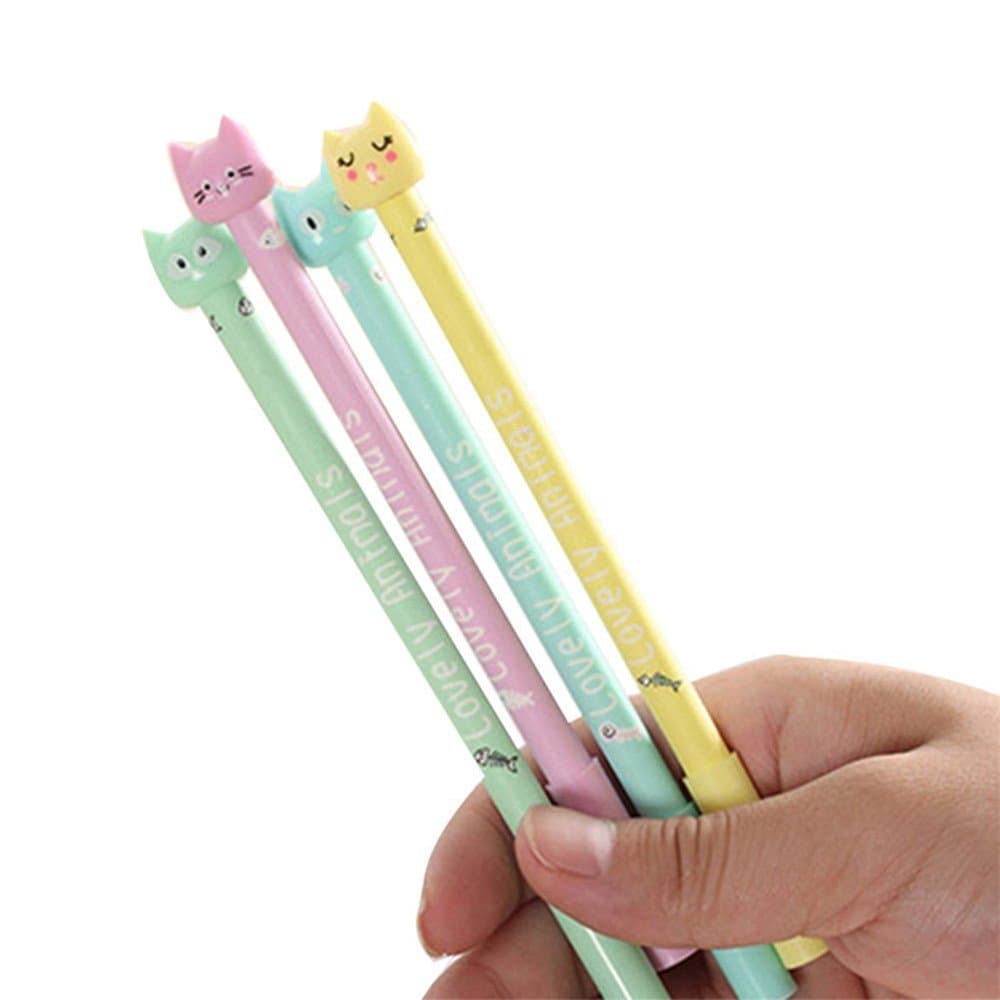 4pcs Cute Kawaii Cartoon Cat Plastic Gel Pens Lovely Animals Black Ink Candy Color Pen For Kids Gift Office School Supplies 0.38mm