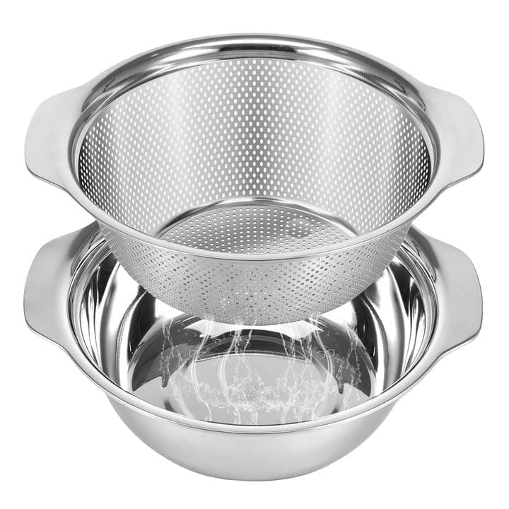 Stainless Steel Microporous Colander for Kitchen, 4QT Large Capacity, Colander and Bowl Set of Two, Stainless Steel Drain Basket with Mixing Bowl, for Washing Fruits and Vegetables