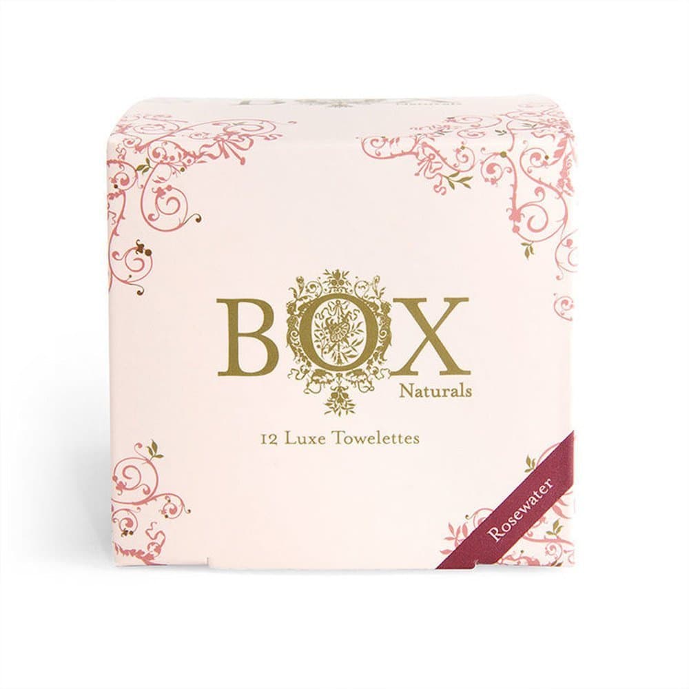 BOX NATURALS Organic Oil-Infused, Individually Wrapped Luxe Face and Body Towelettes (Rosewater, Box of 12)