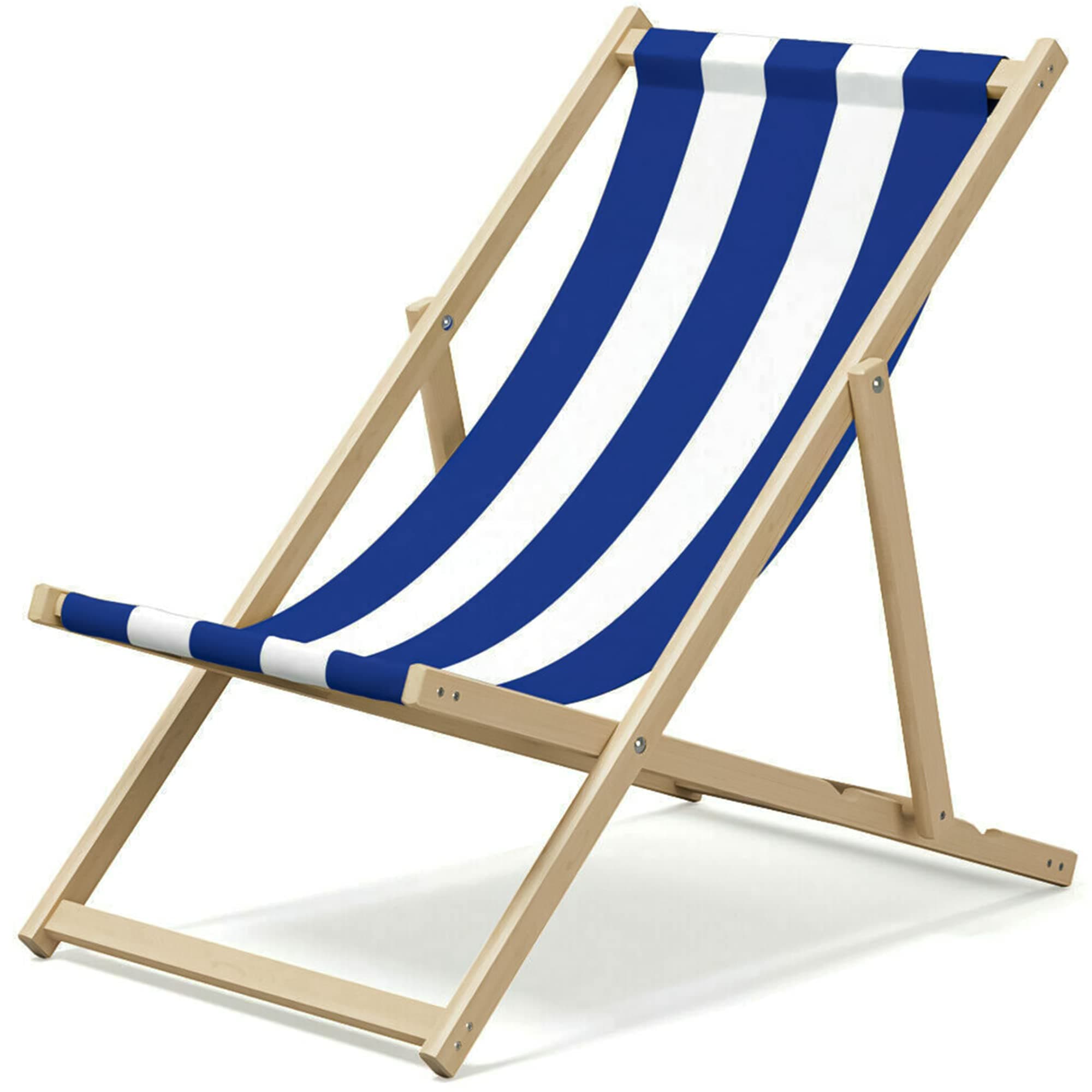 Denny International Folding Wood Deck Chair Wooden Beach Chair Seaside Sun Lounger Outdoor Garden Recliner Folding Deck Chair - Blue & White (Beach Chair)