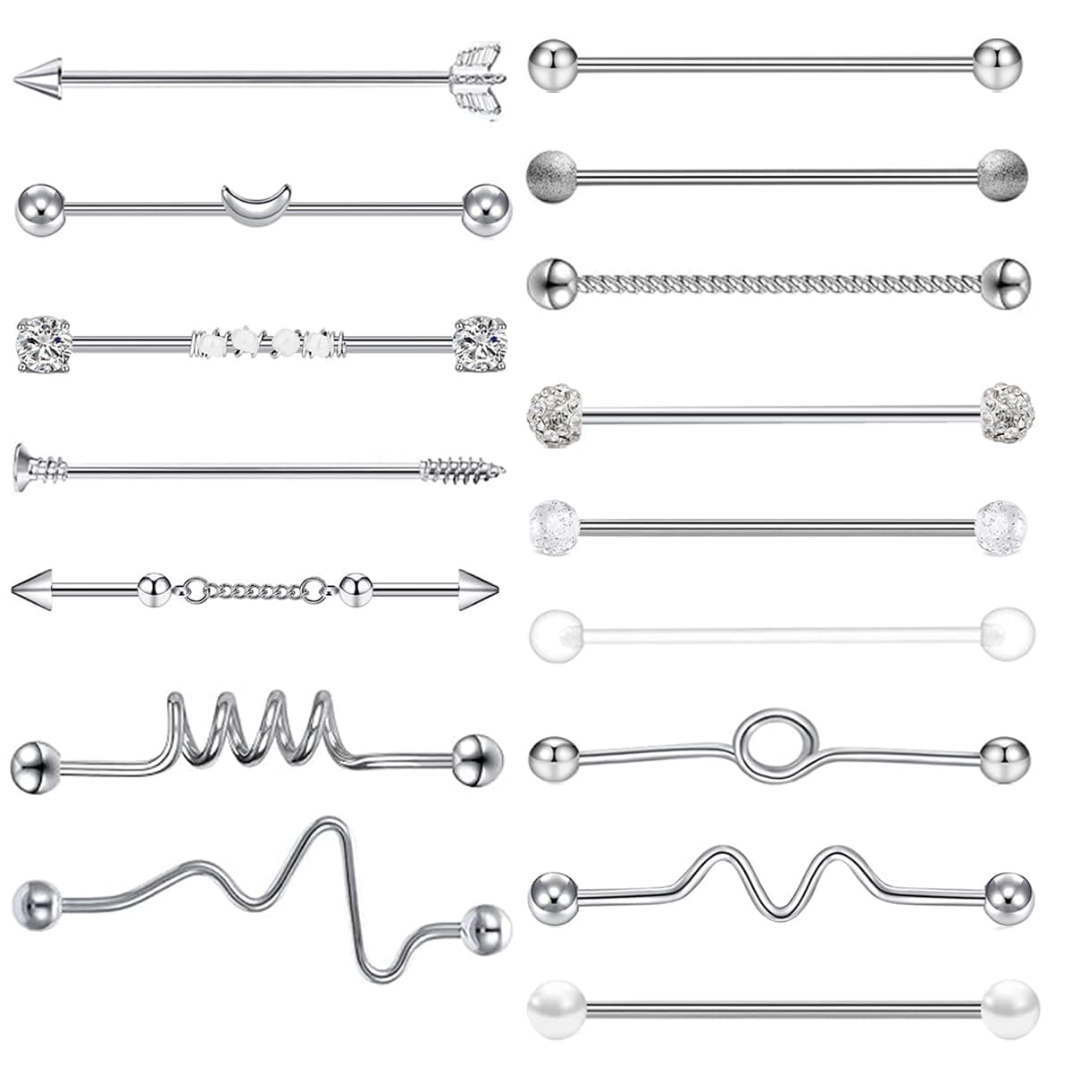 14G Industrial Piercing Jewelry For Women Men Stainless Steel 38 Industrial Barbell Long Cartilage Helix Conch Earrings Stud 14G Gauges Industrial Jewelry Butterfly Heart Cool 7-18pcs