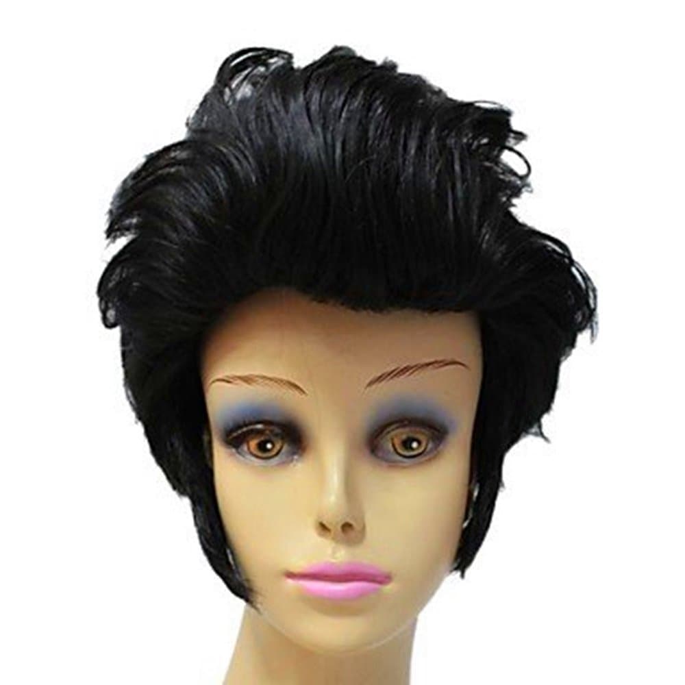 QINF Capless Synthetic Short Black Curly Elvis Aron Presley Celebrity Hairstyle Full Wig