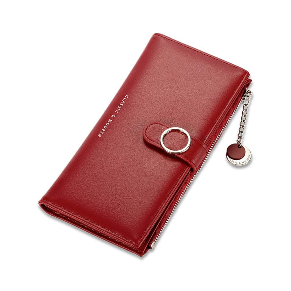 Slim Fashion Long Wallet RFID Blocking Wallet Leather Clutch Phone Bag Lady Purse Handbag Zipper Wristlet Pendant Cellphone Pocket Holster Pouch Card Holder Travel Wallet Case for Women (Red)