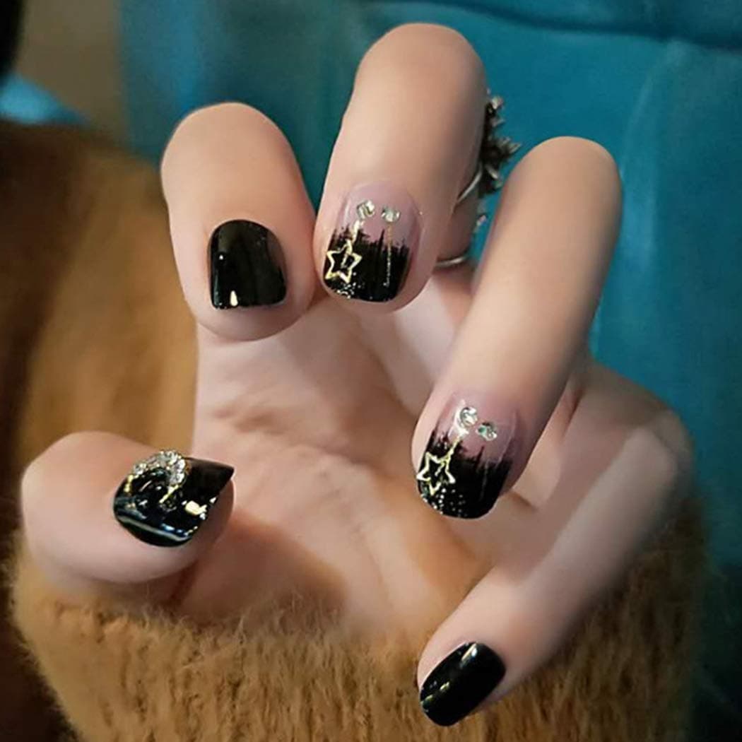 Sethexy 24Pcs Glossy Round False Nails Chic Moon Star Black Gradient Short Full Cover Acrylic Fake Nails for Women and Girls