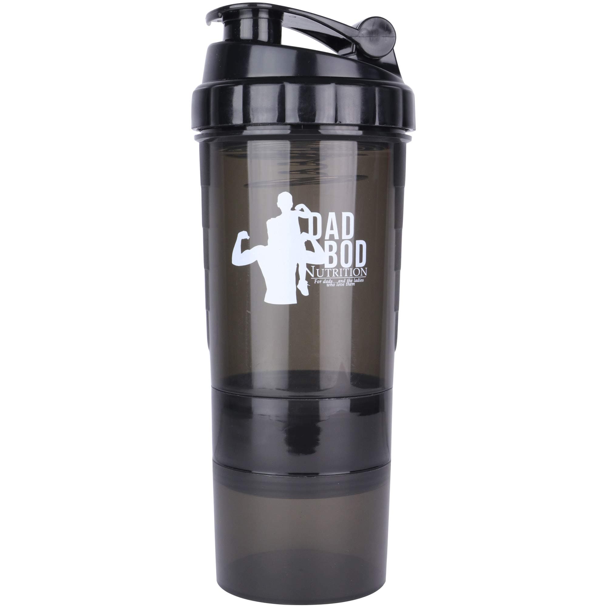 Dad Bod Nutrition Funny Protein Shaker Bottle 3 Part With Storage Black Trim White Label (Black Trim)