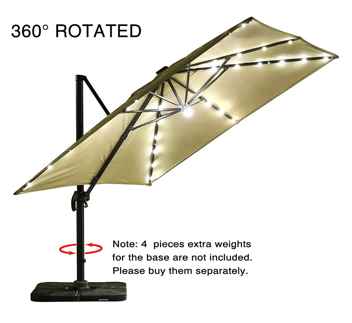 10 by 10-Feet Offset Cantilever Umbrella, 360° Rotated Outdoor Patio Umbrella with Solar LED Lights for Garden, Backyard with Cross Base, 250gsm Square Canopy, Beige