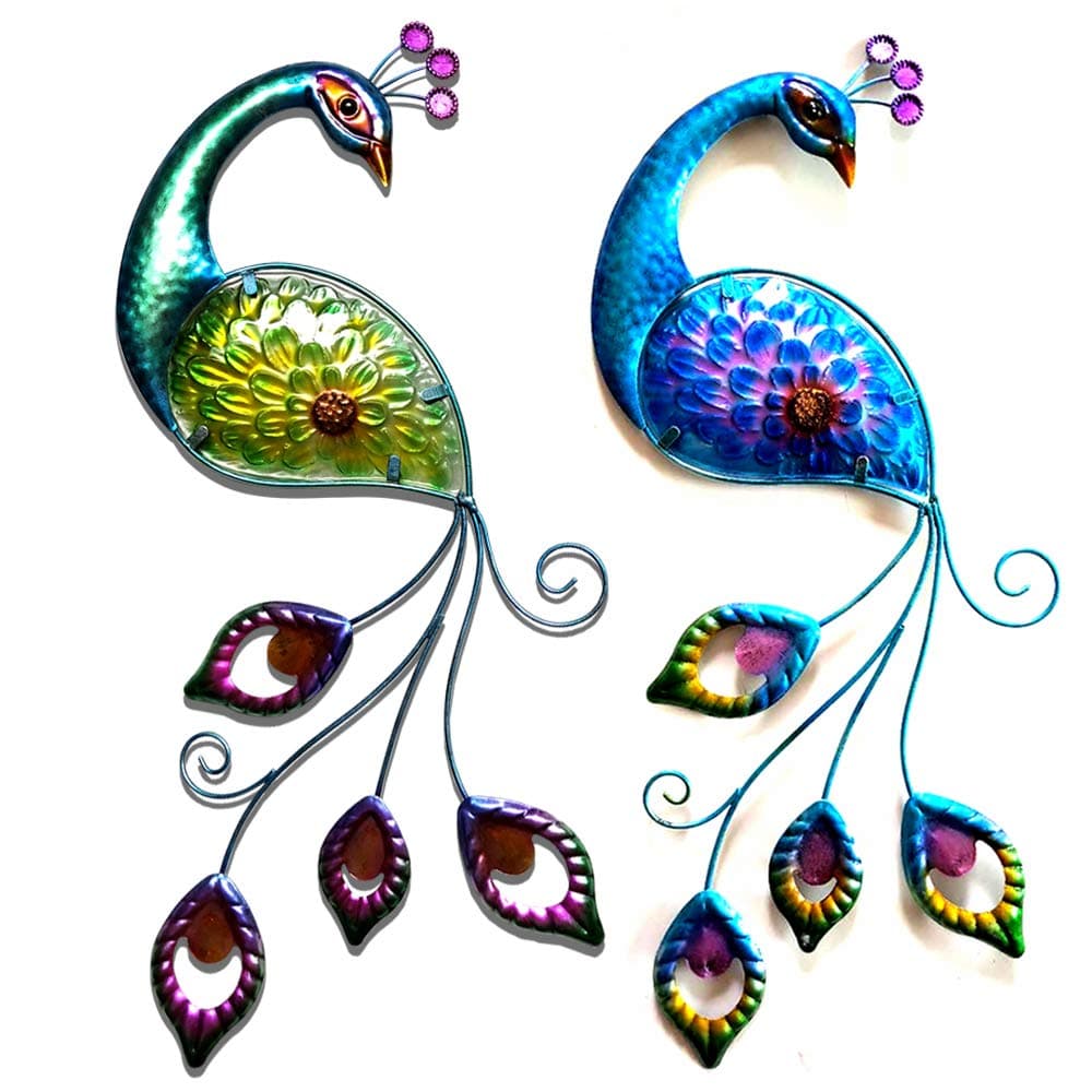 JFRISINGJUNFENG 2 Pack Peacock Wall Art Decor Plaque Hanging Sculpture, Blue Green Metal Glass Art Peacock Home Wall Decor, Peacock Gift & Craft