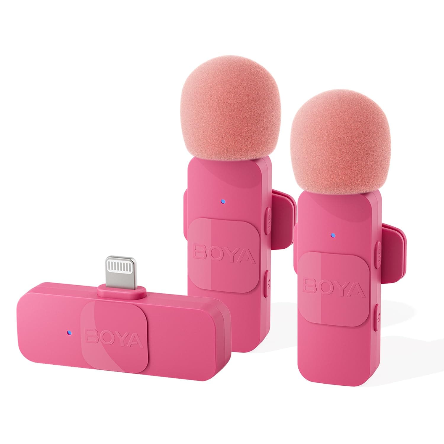 BOYA Wireless Lavalier Microphone, iPhone iPad ANDROID Phone Omnidirectional, External Mini Lapel, Lightning USB-C Microphone (Pink, Lightning(TX+TX+RX))