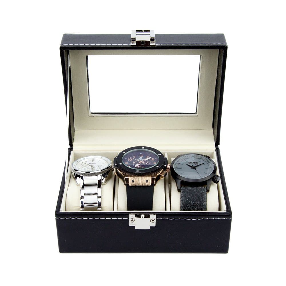 Watch Box - Luxury PU Leather Boxes for Men or Women - Modern, Glass Top Organizing Watches (3 Slot)