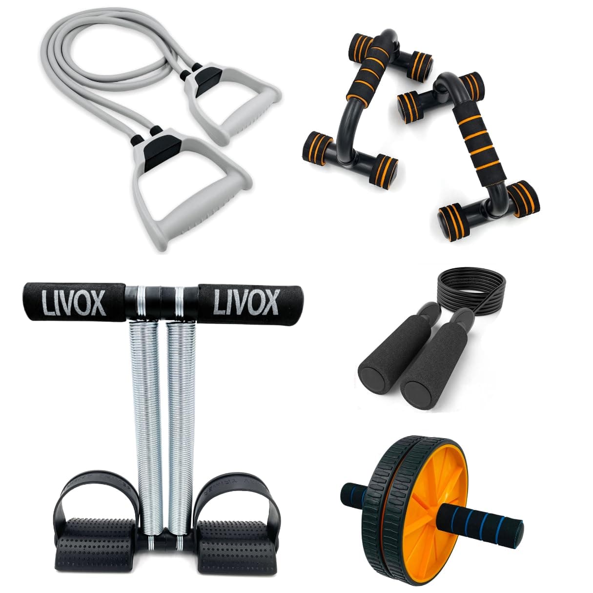 LIVOX Double Toning Resistance Band Tube and Tummy Trimmer, Pushup Bar, Abs Wheel Roller, Skipping Rope for Stretching, Full Body Workout, Home Gym and Toning with Workout Chart for Men and Women