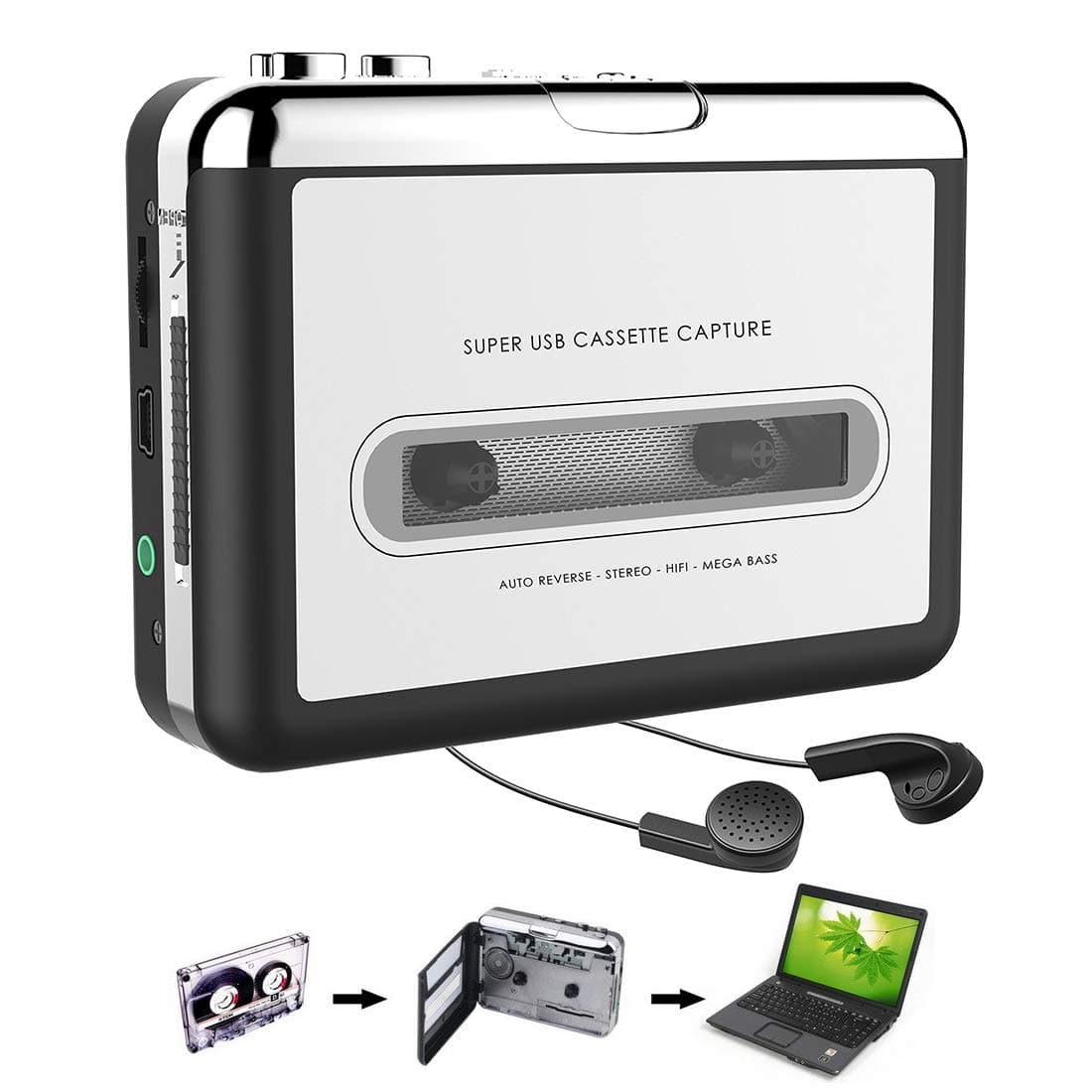 Cassette Player, Cassette Tape to MP3 CD Converter via USB, Portable Cassette Player Converter Cassette Tape to Digital MP3, Compatible with Laptop, Mac and PC, with Earphones