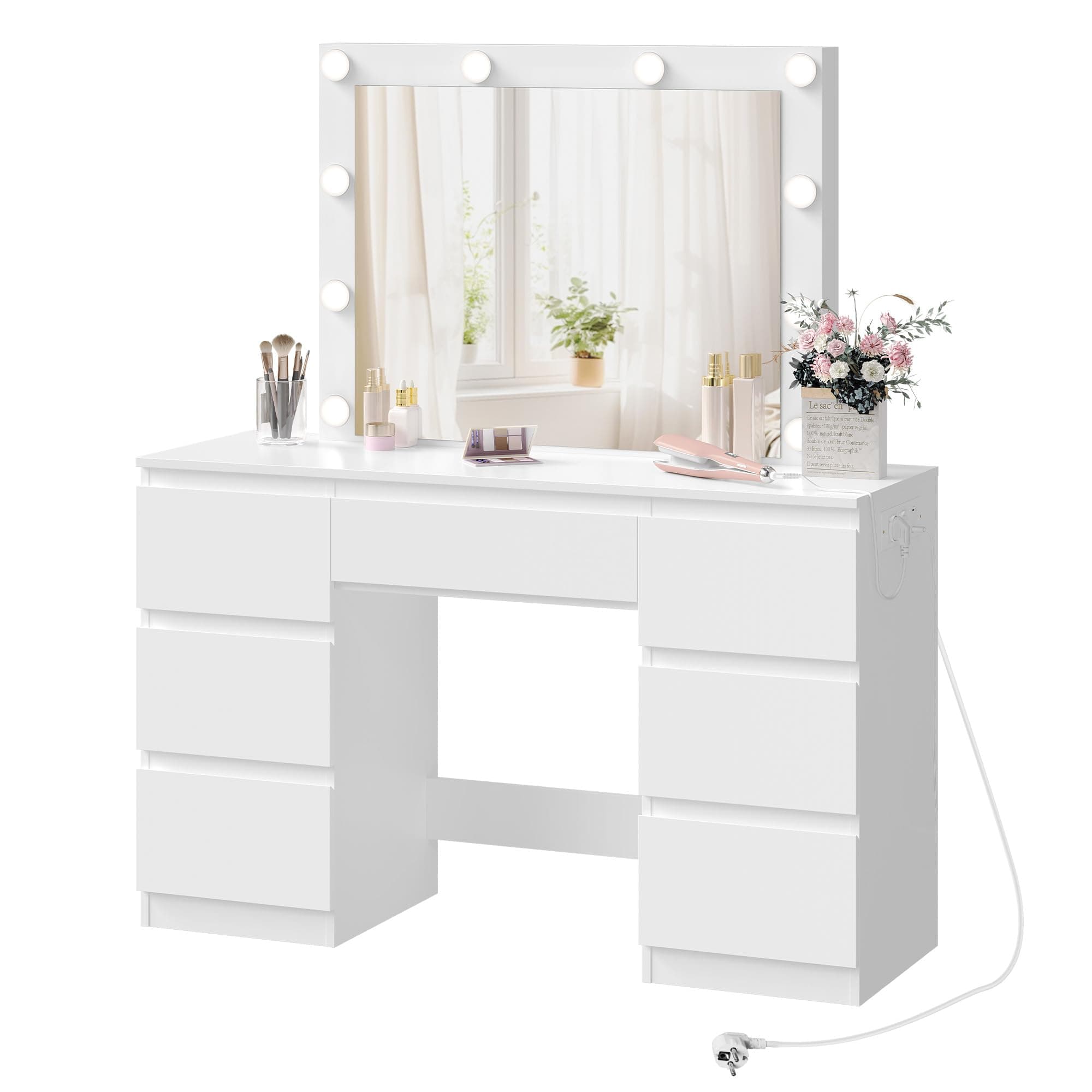 WOLTU Dressing Table with Lights and Socket Strip, Vanity Desk with Large LED Mirror and 7 Drawers, Makeup Desk 110x39.5x140cm, White Modern Bedroom Dresser, MB6124ws