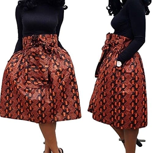 veroex African Ankara Women Knee Length Orange and Black Skirt with Side Pocket and Belt