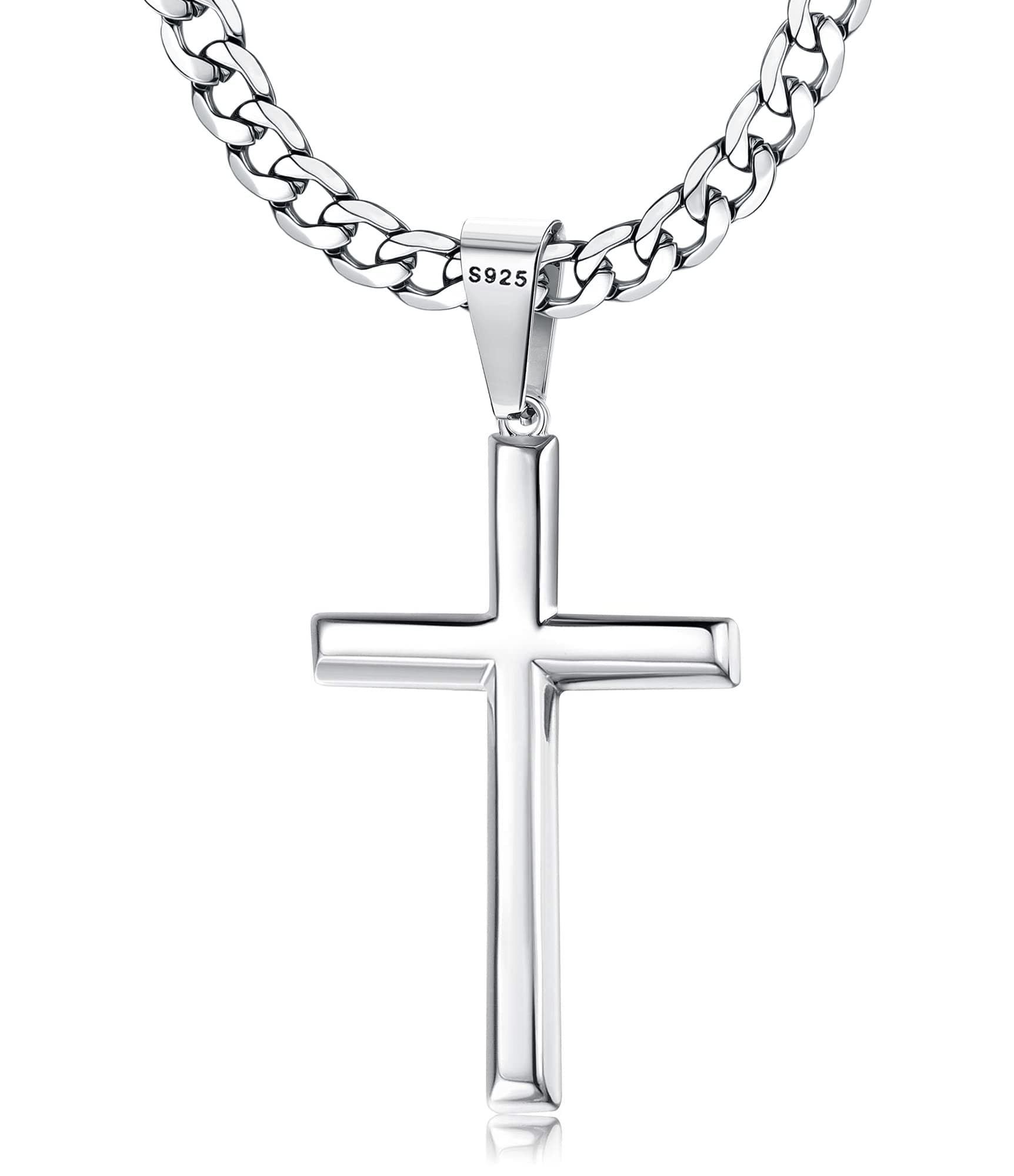 Besteel 925 Sterling Silver Cross Necklace Beveled Edge for Men Women 5mm Stainless Steel Non Tarnish Durable Cuban Link Curb Chain Crucifix Pendant Necklace Jewelry 16-30 Inches Christian Baptism Gifts
