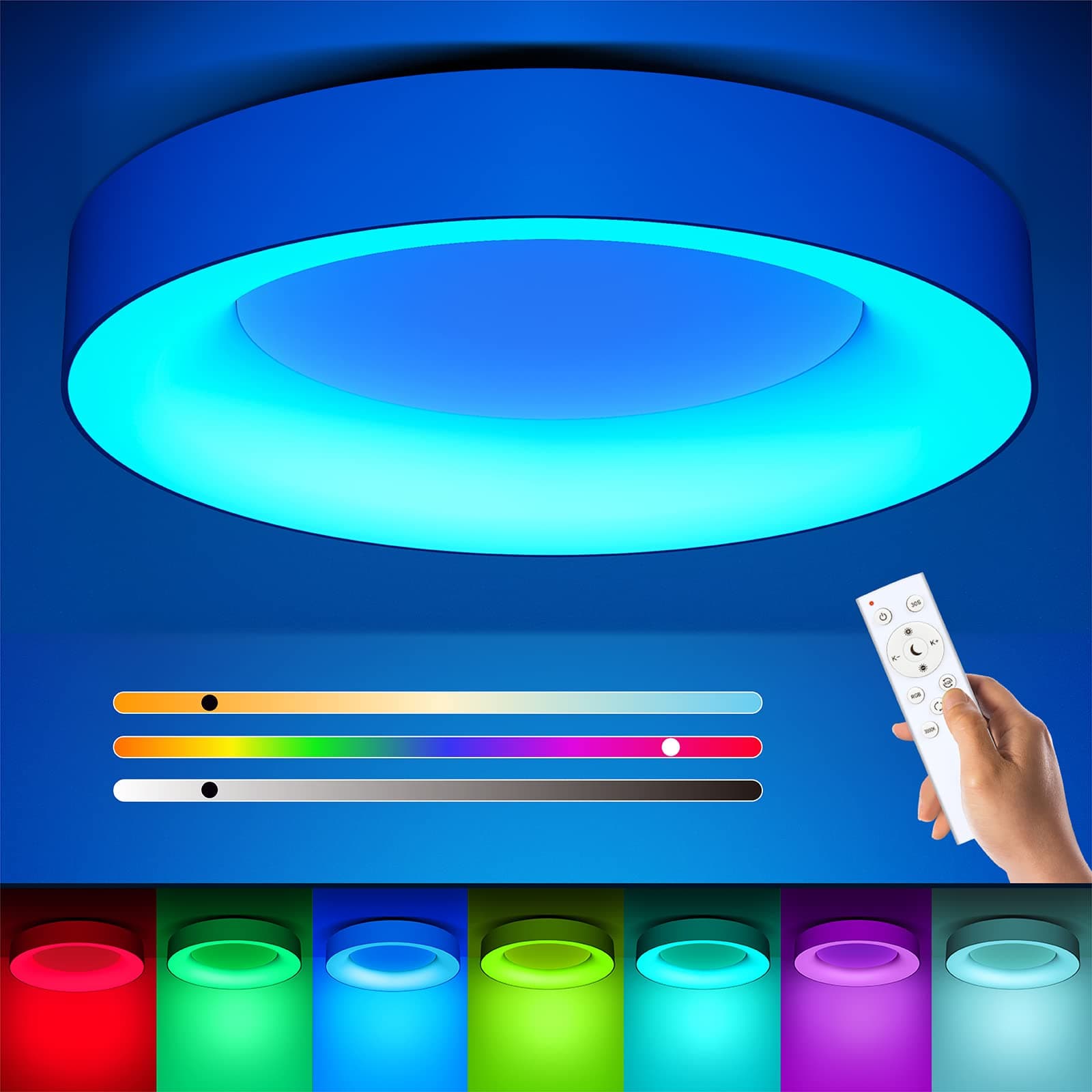 Matane RGB LED Ceiling Light Dimmable with Remote Control, 24W Flush Ceiling Lights, 3000K-6500K 2400LM for Living Room, Bedroom, Kids Room, Dining Room, Kitchen, White Round 11 Inch
