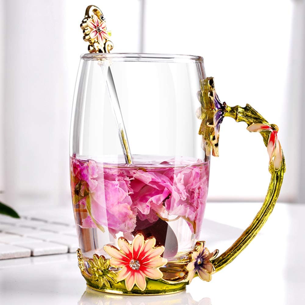 GoaeosMother's Day Gifts for Mom Tea Cup Coffee Mug Cups Clear Glass with Spoon Set Unique Rose Flower Enamel Design Valentine's Day Birthday Decoration Wedding Gift (Red Tall)