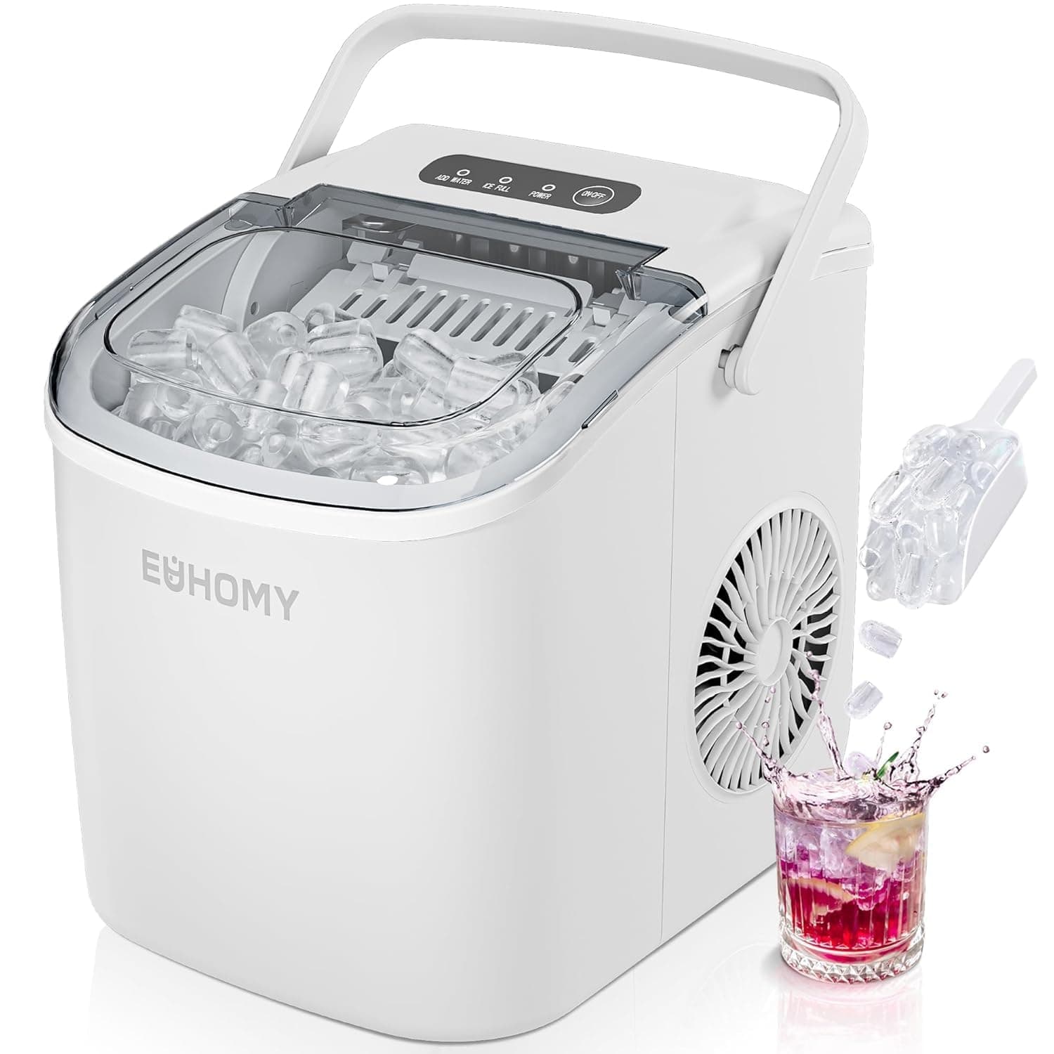 EUHOMY Countertop Ice Maker Machine with Handle, 26lbs Per Day, 9 Ice Cubes Ready in 6 Mins, Auto-Cleaning Portable Ice Maker with Basket and Scoop, for Home/Kitchen/Camping/RV (White)