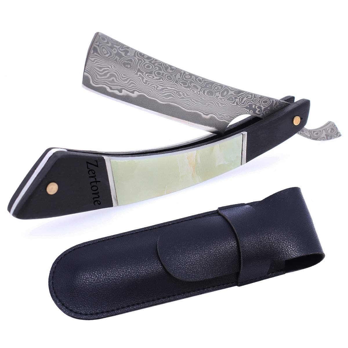 Zertone Damascus Straight Razor with VG10 Steel Blade –Straight Razors for Men with Ebony and Acrylic Scale - Barber Straight Edge Razor (Black)
