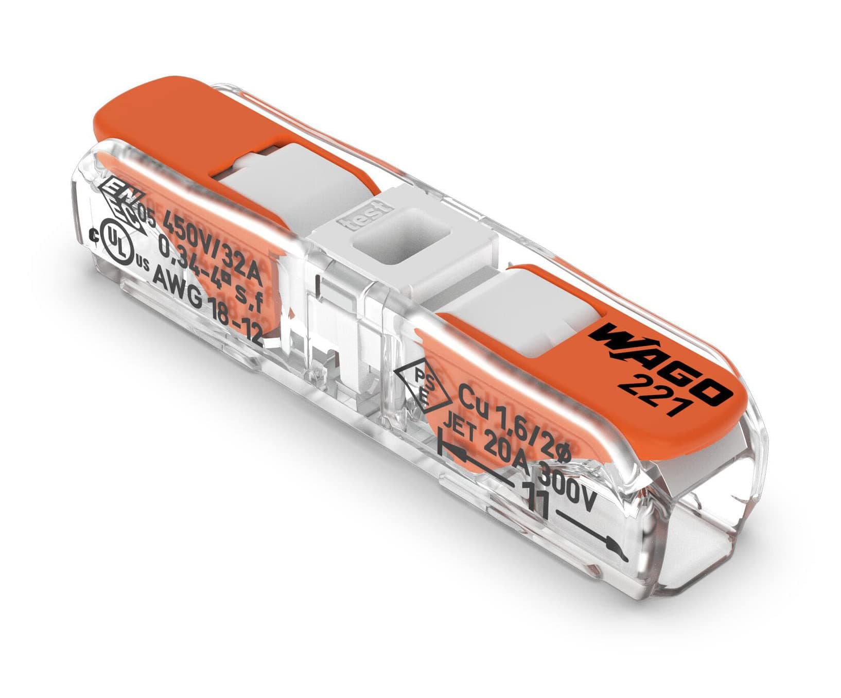 221-2401 | Lever-Nuts® Inline Splicing Connector | for Solid and Stranded Conductors | 2-Conductor with Operating levers | 24-12 AWG | Transparent housing | White Cover | [Box of 60 Pieces]