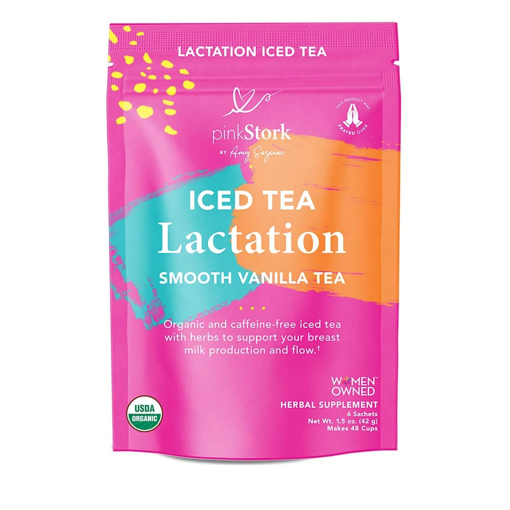 Pink Stork Iced Lactation Tea: Smooth Vanilla Nursing Support Tea, 100% Organic, Supports Breastfeeding + Breast Milk Supply with Fenugreek, Women-Owned, 6 Sachets