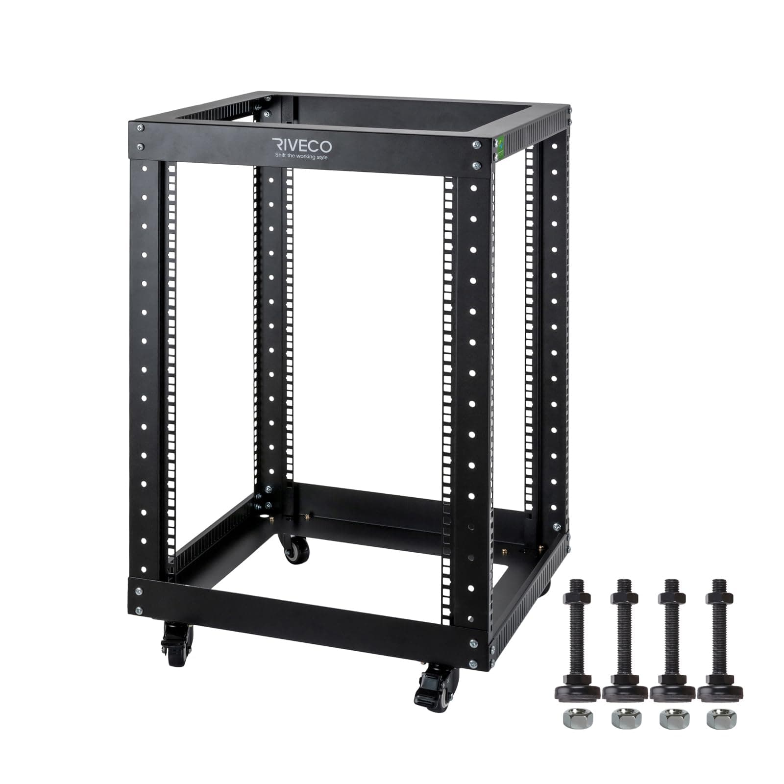 RIVECO 15U Server Rack Floor Standing Open Frame with Wheels- 19-inch 4 Post Quick Assembly AV Rack Network Heavy Duty Durable Black