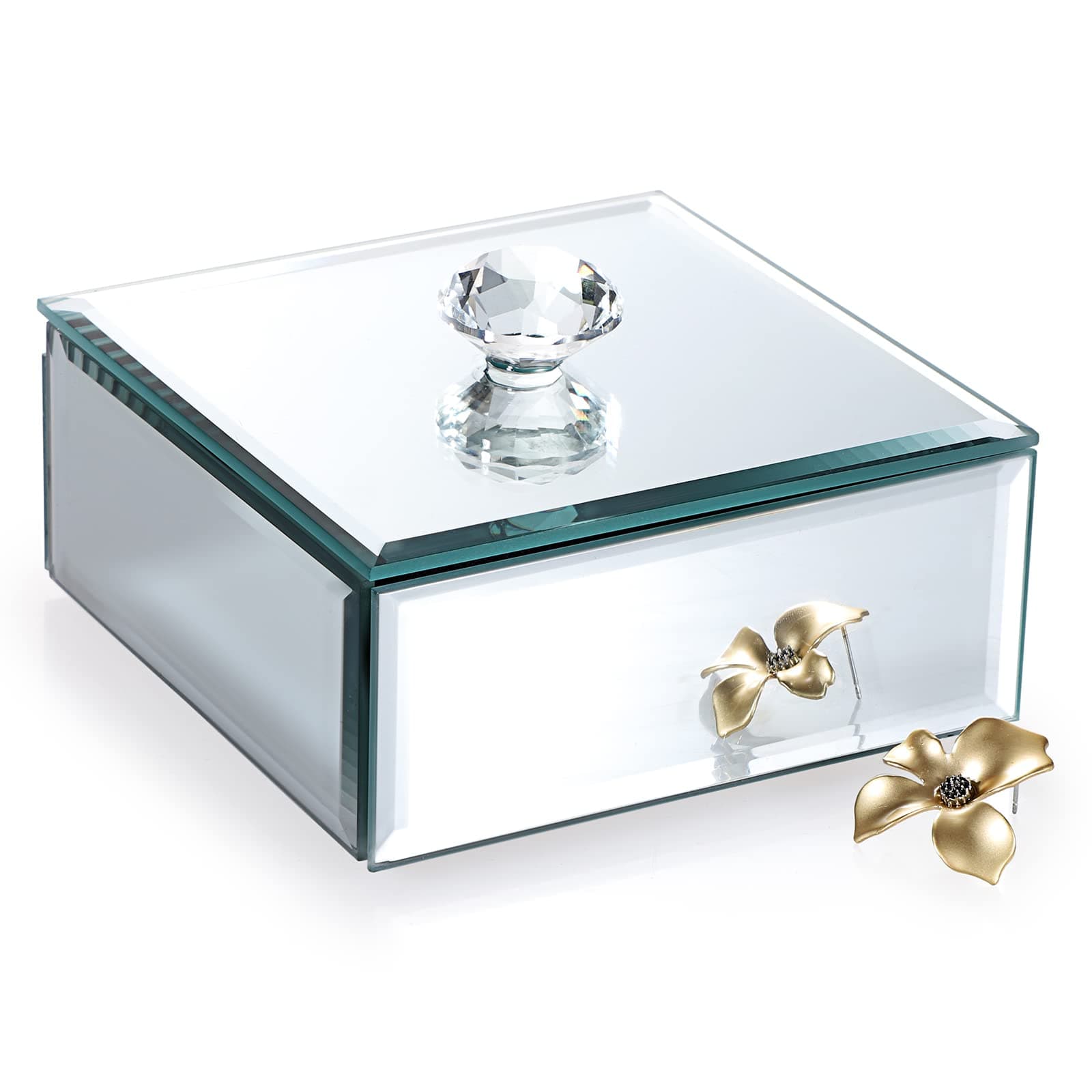 Hipiwe Silver Glass Mirrored Jewelry Box with Crystal Handle Square Trinket Organizer Treasure Chest Case Classic Keepsake Box for Storage Rings Earrings Necklace Bracele (Small, Silver)