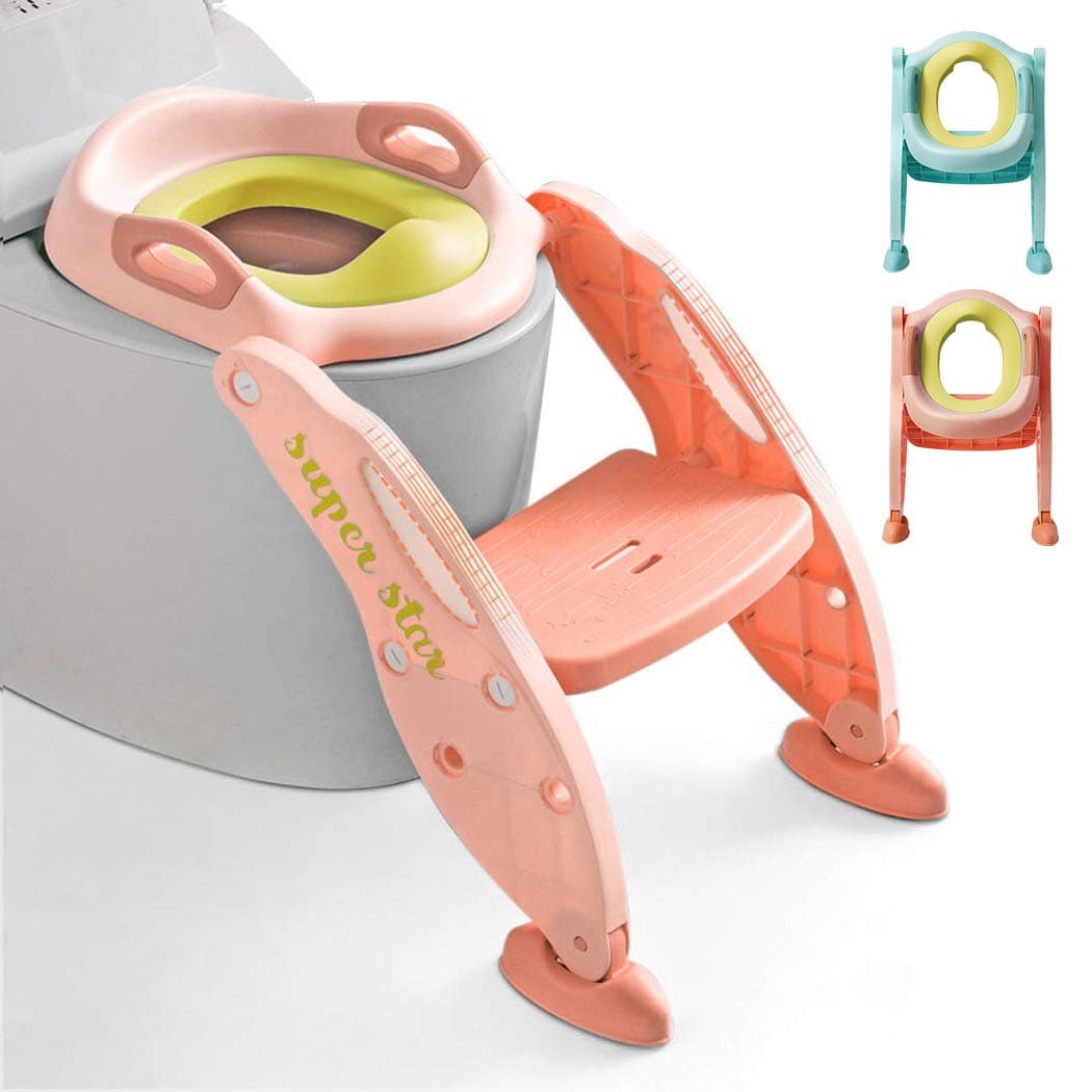 Potty Training Toilet Seat with Step Stool Ladder for Kids Girls Boys Baby and Children- AISIMEE Toddlers Toilet Training Seat Chair with Soft Cushion and Anti-Slip Pads Wide Step（Pink）