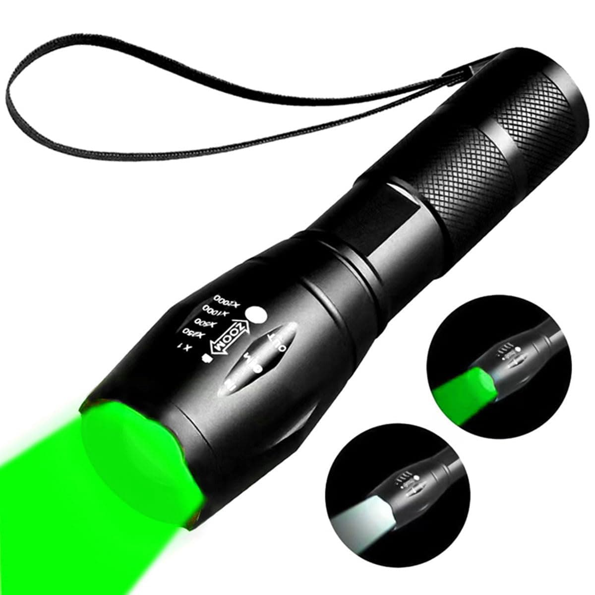 Two-in-one Flashlight with White Light and Green Light，Green Flashlight Hunting Rechargeable， Outdoors Zoom Green Tactical Flashlights ，2 Modes.