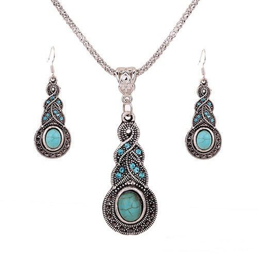 Fashion Womens Retro Turquoise Rhinestone Earrings Necklace Jewelry Set