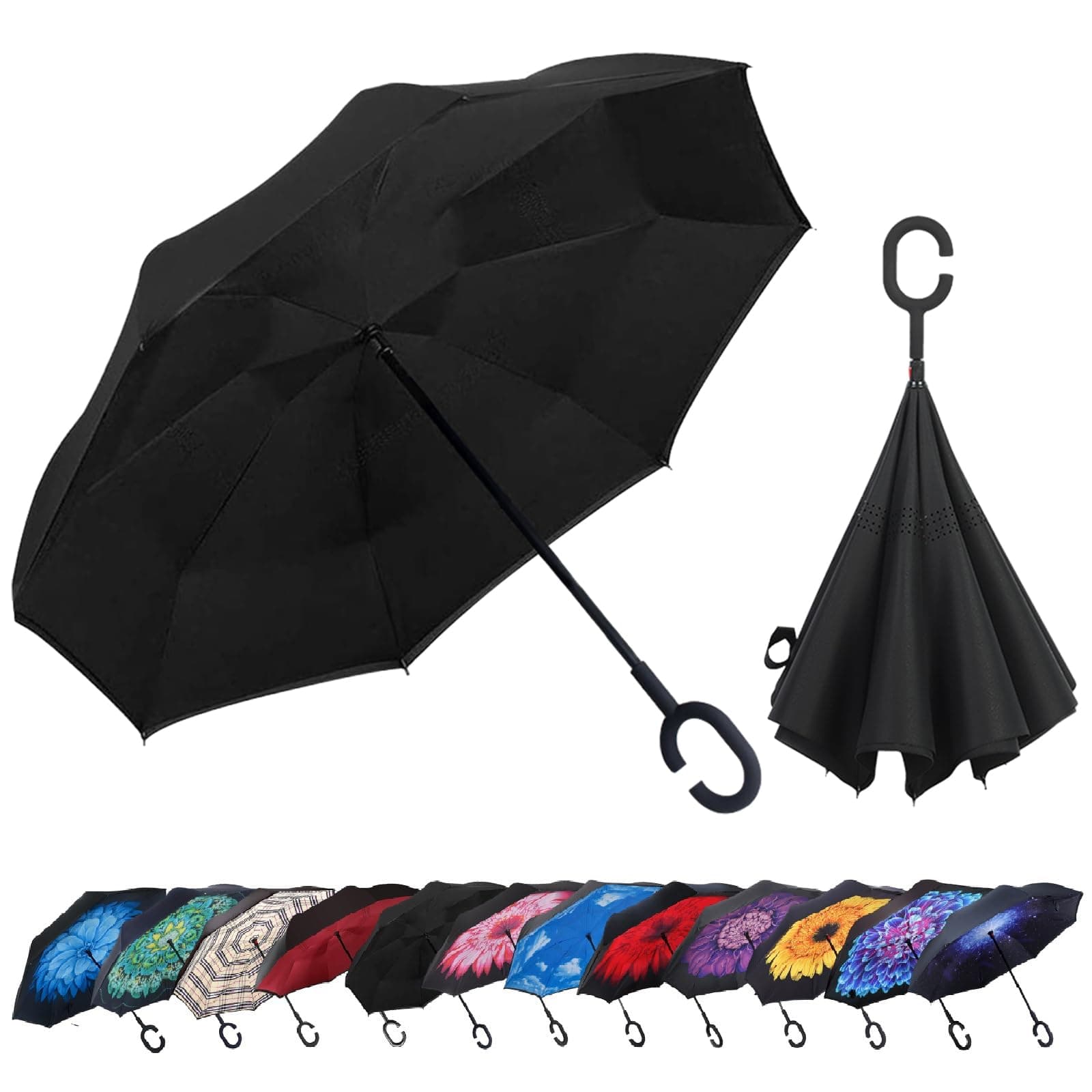 Windproof Inverted Umbrella, Large Reverse Umbrellas for Rain with C-shaped Handle Big Upside Down Inside Out Umbrella for Women & Men