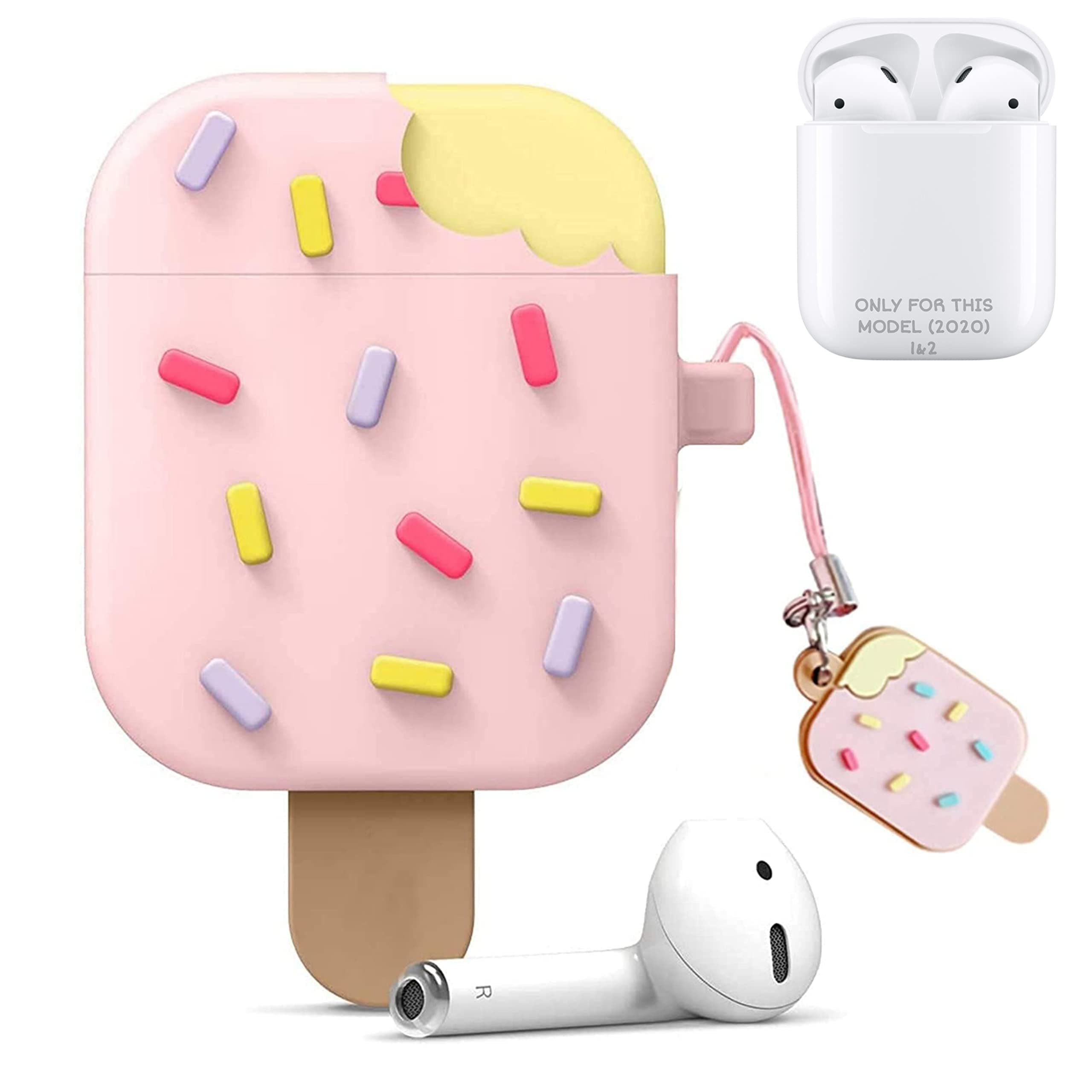 Apple AirPods Case Cover for 1st and 2nd Generation Protective Shock Proof Case Cover Compatible with AirPods 2&1 with Keychain (Icecream Pink)