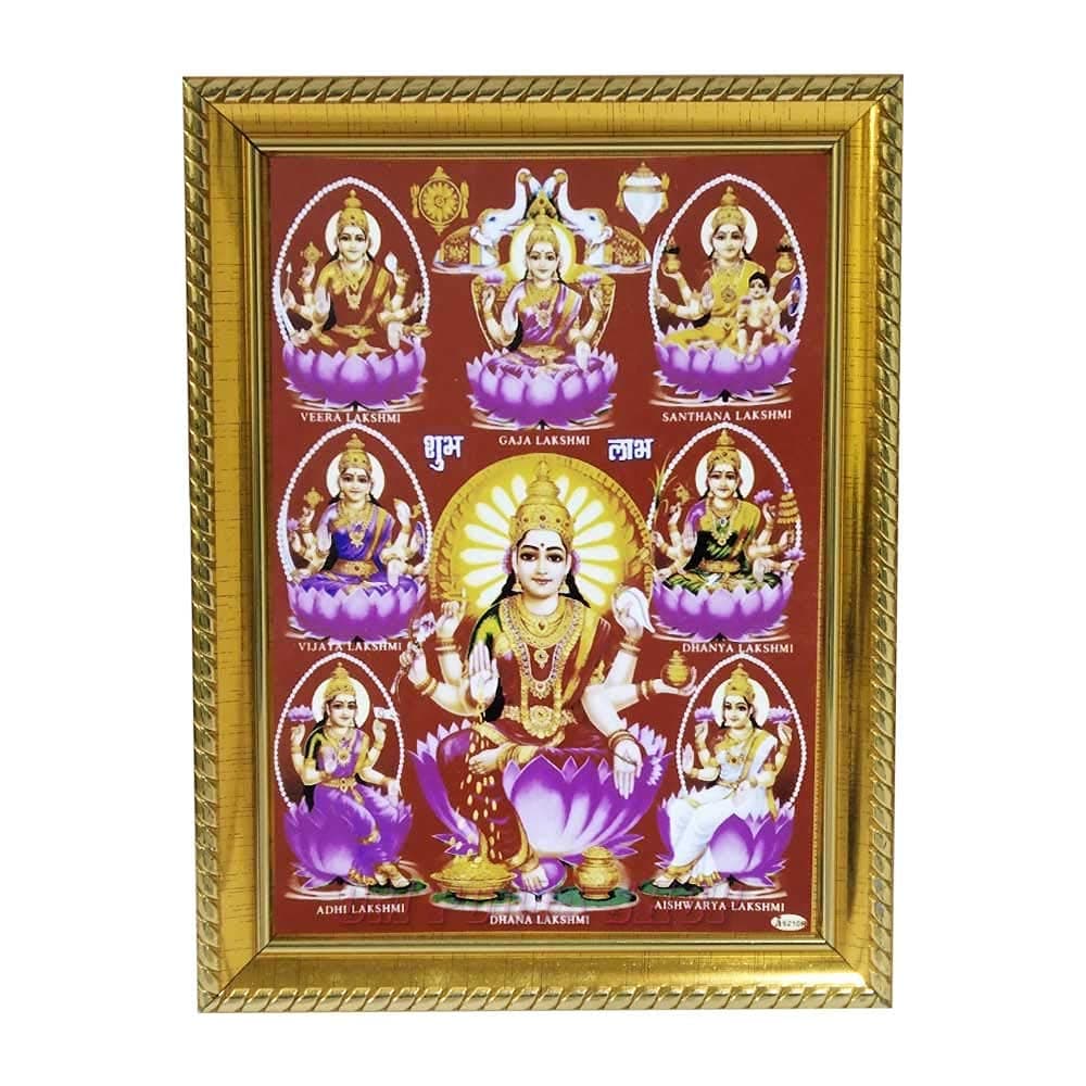 Ashtalaxmi HD Printed Golden Foil Photo Frame – 8 Forms of Lakshmi for Wealth, Health & Prosperity – 6x8 inch Divine Wall Décor